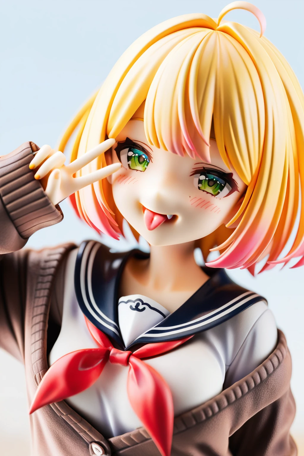 1girl,virtual youtuber,blonde hair,green eyes,tongue out,official alternate hairstyle,tongue,official alternate hair length,solo,short hair,neckerchief,red neckerchief,looking at viewer,upper body,:p,official alternate costume,sailor collar,nail polish,long sleeves,v,multicolored hair,orange nails,smile,head tilt,blush,pink hair,v over eye,brown cardigan,cardigan,gradient hair,frills,sleeves past wrists,fang,sweater,
very aesthetic,masterpiece,best quality,very aesthetic,highres,absurdres,sensitive,