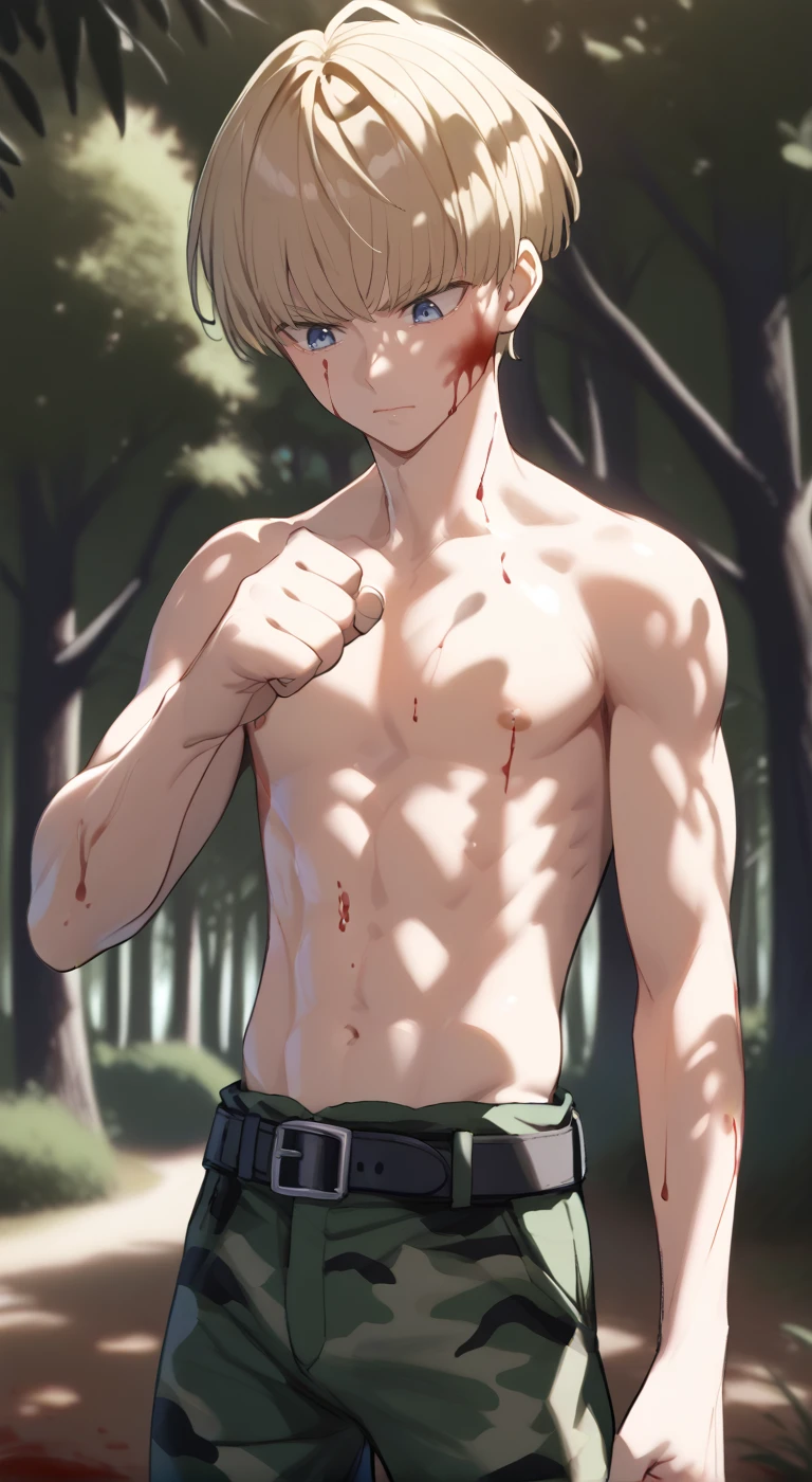 1boy,solo,male focus,yaoi,sleep4ever,topless male,belt,green pants,camouflage,toned male,closed mouth,shiny skin,counter shade,kaji ren,blonde hair,short hair,blue eyes,forest,night,tree,holding night,blood on face,blood on body,fight pose