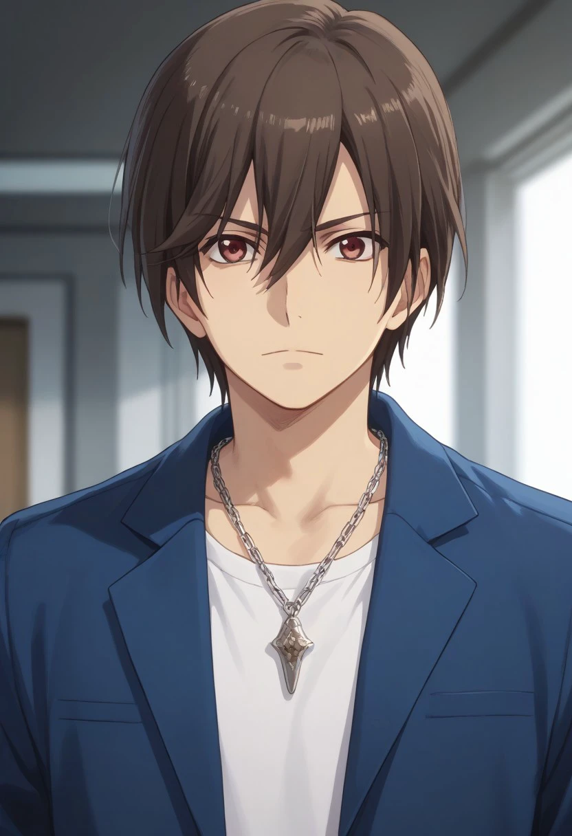 score_9, score_8_up, score_7_up, source_anime, rating_safe, , (realistic:0.6), , depth of field, 1boy, solo, male focus, , yuu otosaka,dark brown hair,reddish brown eyes,hair between eyes,short hair,looking at viewer, jewelry, upper body, male focus, necklace,chain, blurry,white shirt,blue jacket