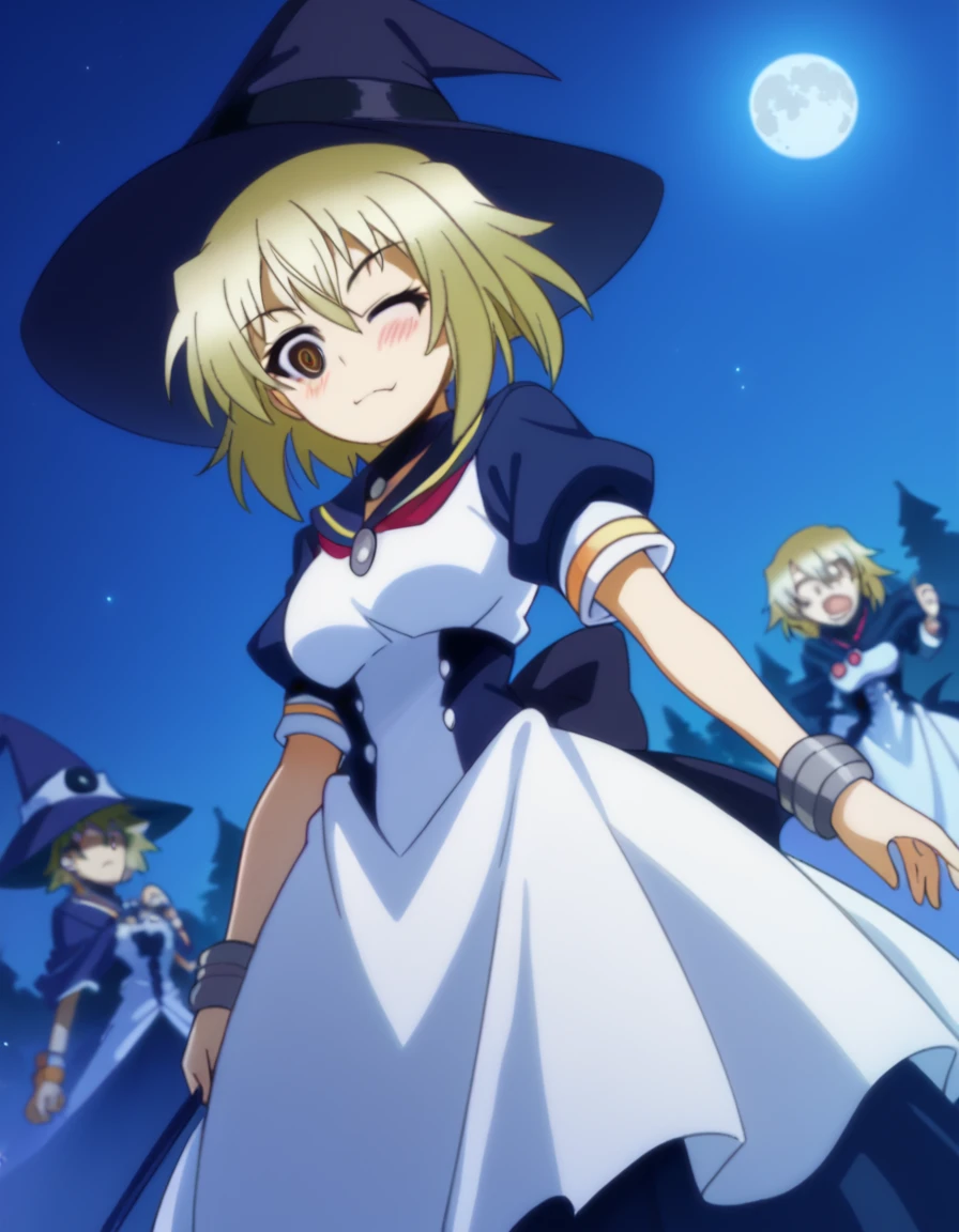 score_9, score_8_up, score_7_up, source_anime, <lora:myouga-unzen-s2-ponyxl-lora-nochekaiser:1>, myouga unzen, short hair, blonde hair, brown eyes, medium breasts,, <lora:witch-ponyxl-lora-nochekaiser:1>, witch, hat, witch hat, dress, halloween, halloween costume, jewelry,, night, moon, blush, smile, one eye closed,, , dutch angle, cowboy shot