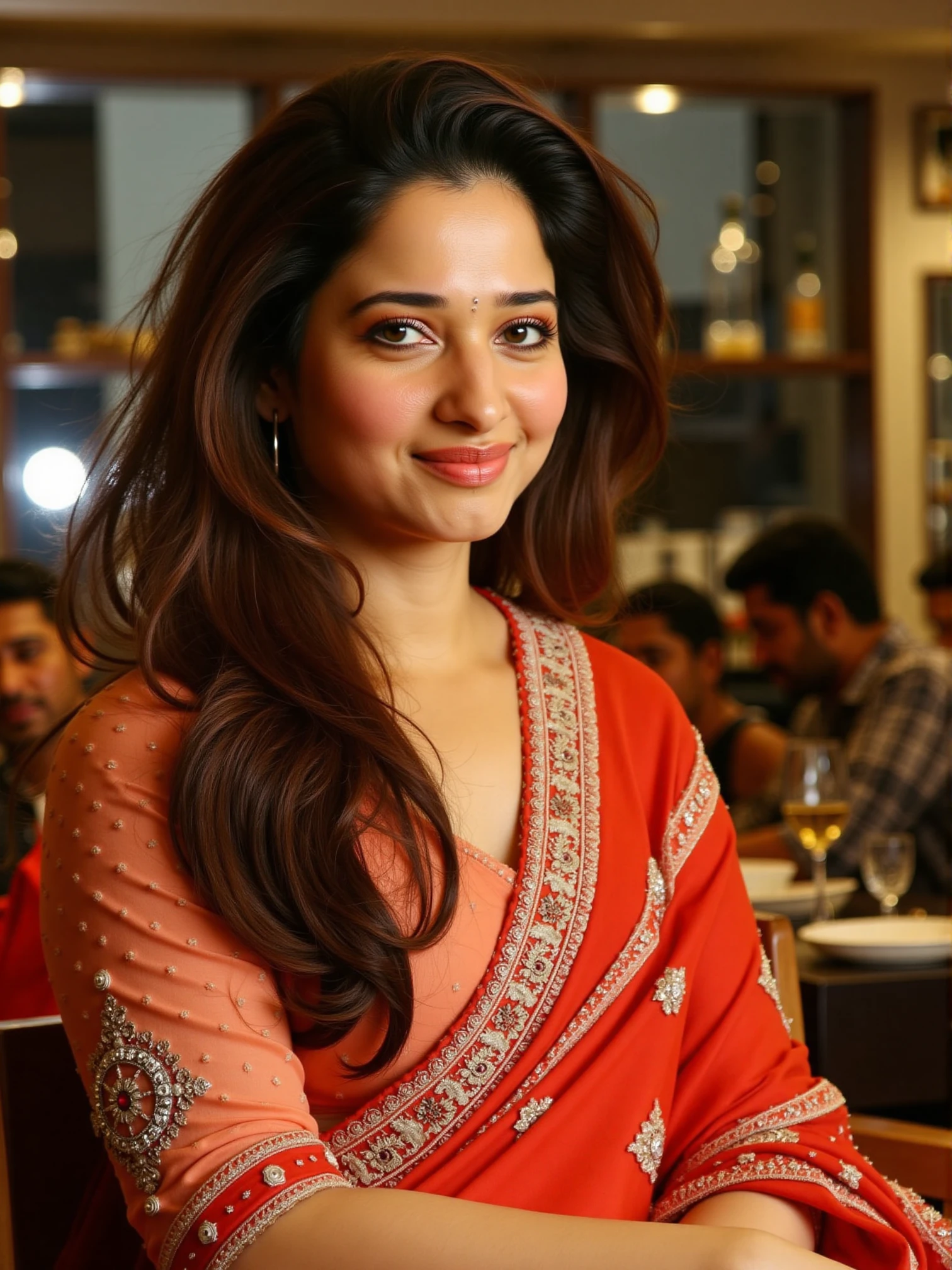 tamannaah, beautiful detailed photograph, hair cascading down her shoulders., wearing a striking saree, standing in cafe looking at the viewer, smile