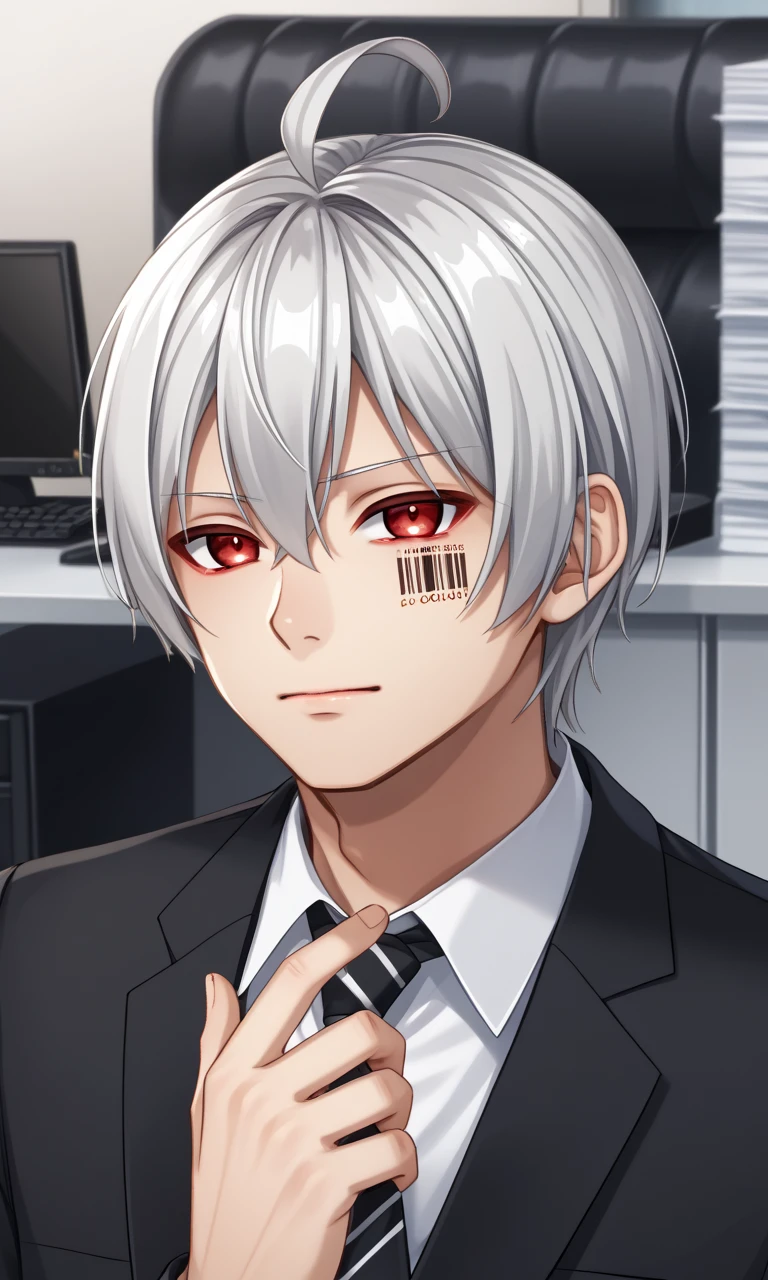 1boy, MafuMafu, silver hair, red eyes, ahoge, cheek barcode, office, business suit, 