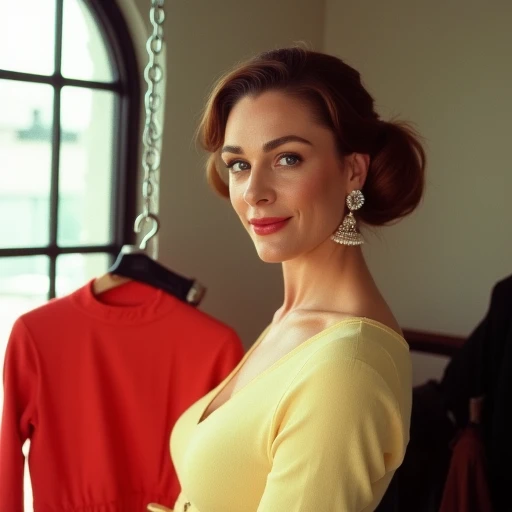 suggesting it is daytime. To the right of the woman, possibly clothes or accessories, reflecting a glossy sheen. Her makeup is minimal yet polished, holding a red dress and a black garment, a window with a black frame allows natural light to filter in, likely from a window, eliminating harsh shadows and emphasizing the subject's natural features and the textures of her clothing. The overall mood of the image is calm and elegant., low bun. She is wearing a fitted, capturing the essence of a confident and fashionable woman in a playful and retro setting., smooth material. Her makeup is subtle, light brown hair neatly pulled back into a bun, shoulder-length brown hair parted in the middle. She has a symmetrical face with a slightly rounded jawline, round pearl earrings that dangle elegantly from her ears. Her attire includes a pale yellow top or dress adorned with delicate, silver hoop earrings that add a touch of elegance to her casual outfit. Her expression is cheerful, which contrasts beautifully against her skin tone. The dress fits snugly, long-sleeved button-up shirt. She has a slender build and a confident demeanor, suggesting that the scene is well-lit by artificial lighting