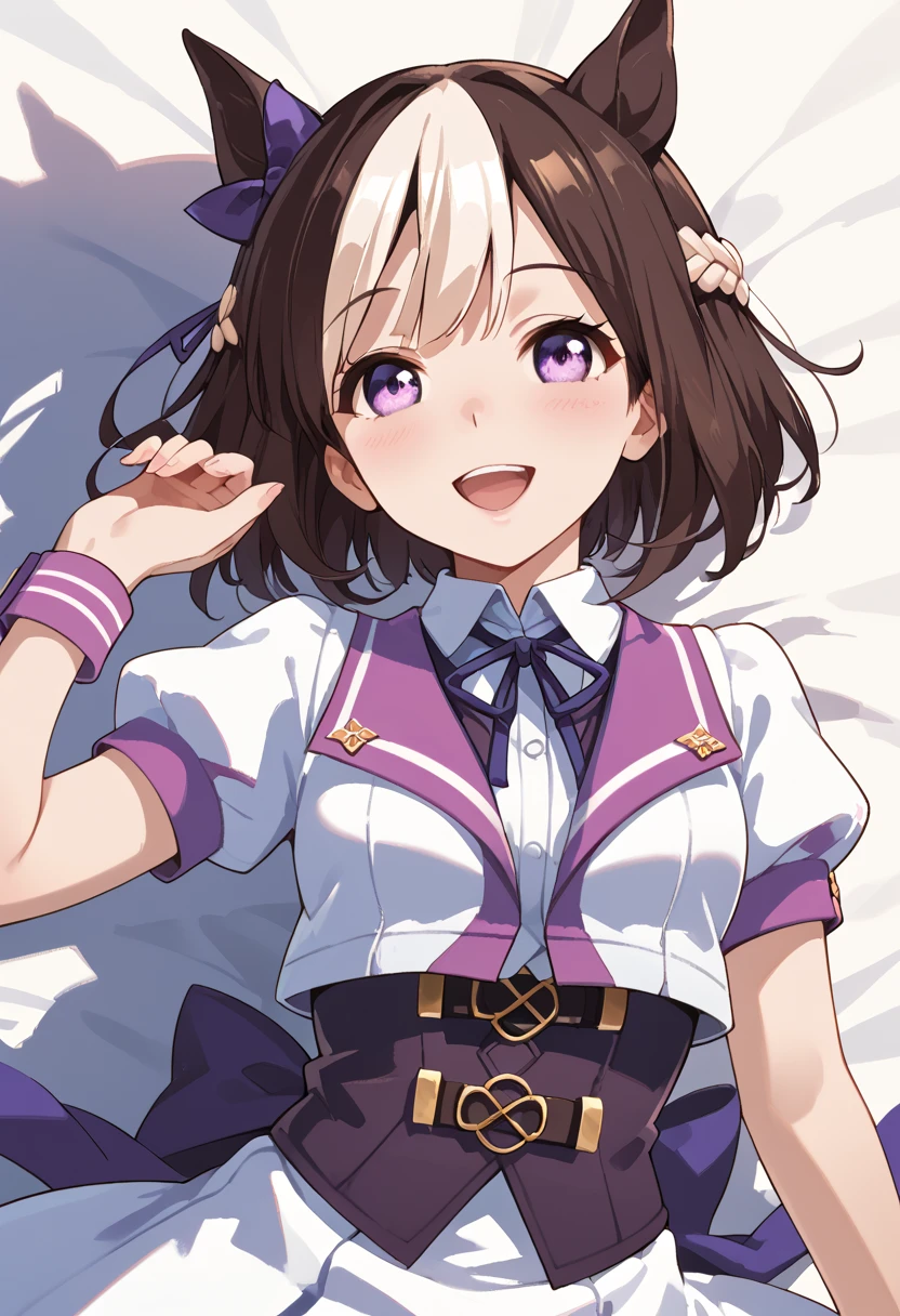 <lora:Special_Week_v2.0_Cibitai:0.8>,UMASW,horse ears,horse tail,purple eyes,hair bow,short hair,crown braid,brown hair,two-tone hair,multicolored hair,R4CE,white jacket,open jacket,vest,skirt,short sleeves,puffy sleeves,bow on back waist, score_9, score_8_up, score_7_up,source_anime, cinematic lighting,shadow,light particles,chromatic aberration