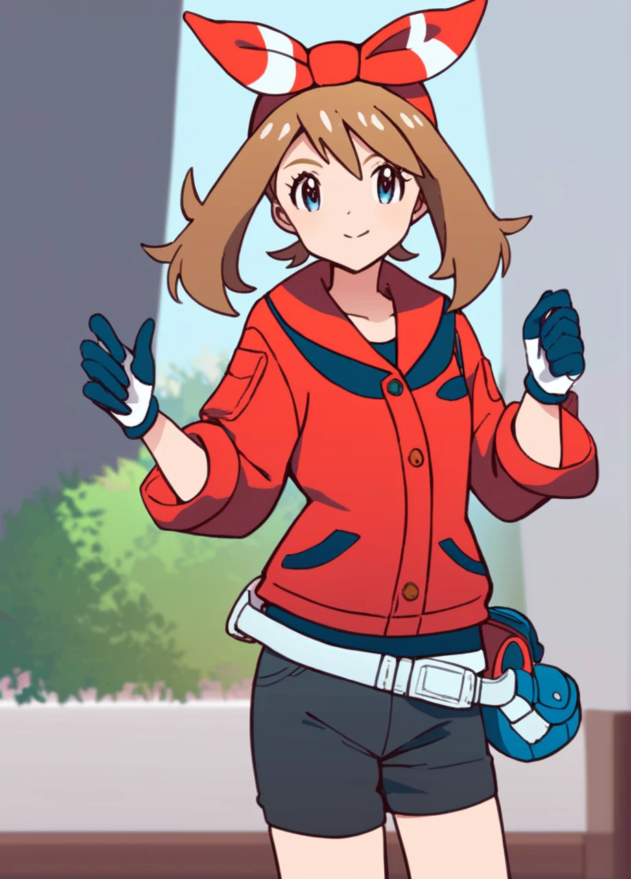 score_9, score_8_up, score_7_up, score_6_up, score_5_up, score_4_up, best quality, amazing quality, best aesthetic, absurdres, million live normal rarity style, cowboy shot, 1girl, solo, indoors,  may from pokemon, red bandana, red jacket, gloves, black shorts, brown hair, blue eyes <lora:Normal_Rarity_ML-08:0.8>