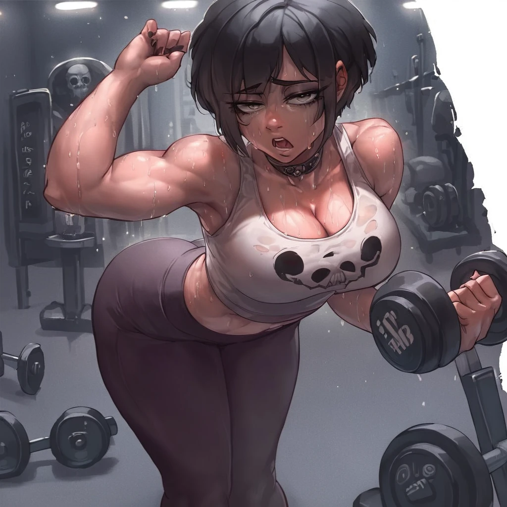 safe_pos, score_9, score_8_up, score_7_up,
source_anime,
1girl, yoga pants, goth girl,  toned, sweaty, large breasts, short black hair, choker, black skull shirt, cleavage, bending over, open mouth, tired, dark room, exercise, looking at viewer, huge dumbbell,  <lora:jackash:1>