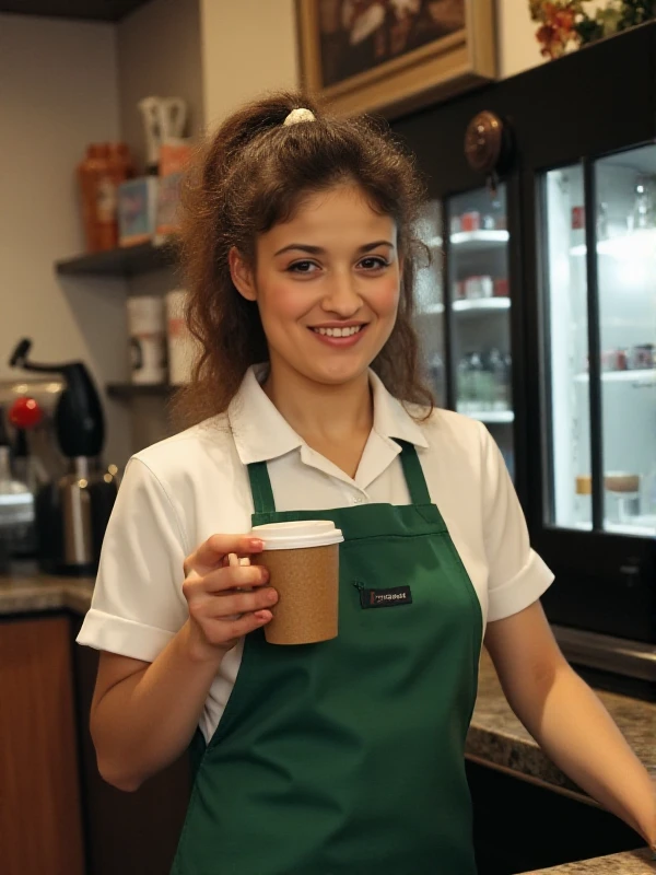 Raffaela_Anderson is a woman. She is working in a starbuck. She wears a starbuck uniform and serves coffee<lora:Raffaela_Anderson:0.9>