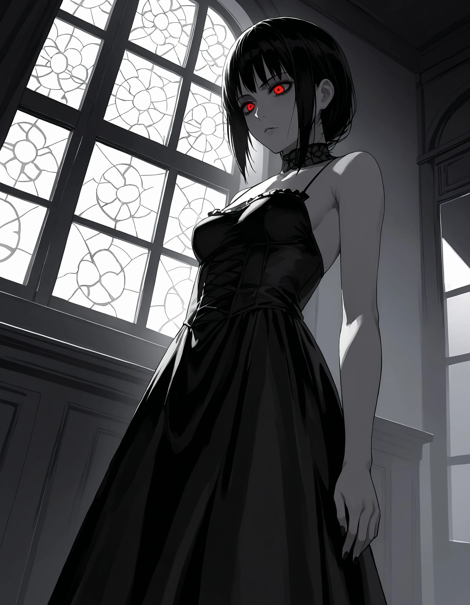 score_9, rating_explicit, source_anime, 1girl, gothic dress, pale skin, moonlight, large window, volumetric lighting, perfect shadows, red and white theme, dynamic angle