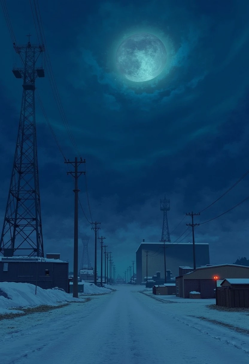 A digital painting made by Toye, This is a digital painting with a surreal, dreamlike atmosphere. The scene is set in a snowy, industrial landscape under a stormy, night sky. The sky is a deep blue with swirling clouds and a faint glow, suggesting a mixture of moonlight and artificial light. The ground is covered in snow, adding to the cold, desolate feel of the scene.