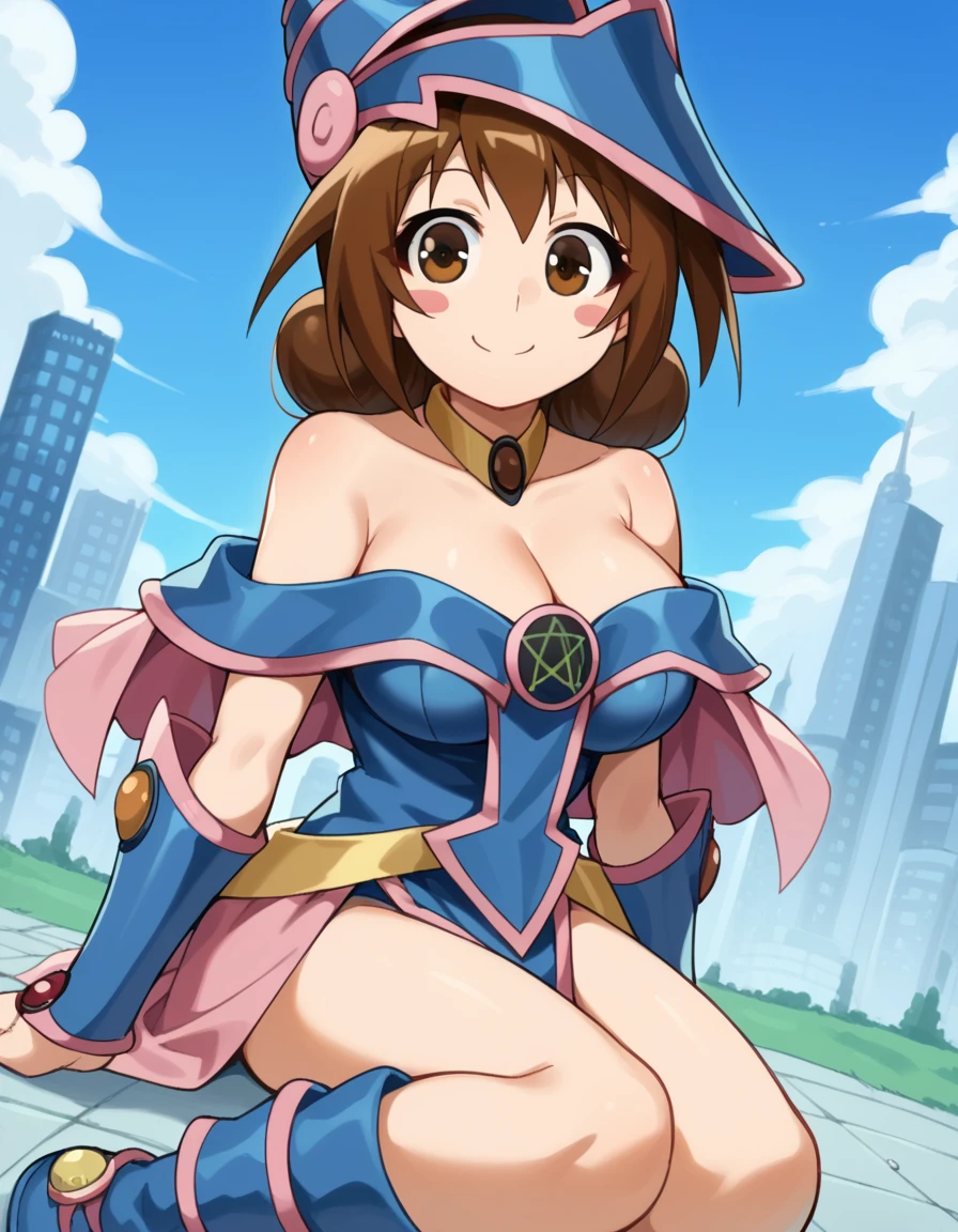 score_9, score_8_up, score_7_up, source_anime, <lora:itami-koga-s2-ponyxl-lora-nochekaiser:1>, itami koga, short hair, large breasts, brown hair, brown eyes,, <lora:dark-magician-girl-cosplay-ponyxl-lora-nochekaiser:1>, dark magician girl cosplay, dark magician girl (cosplay), bare shoulders, blue footwear, blush, blush stickers, cleavage, collarbone, duel monster, hat, off shoulder, pentacle, wizard hat,, outdoors, cityscape, sitting, smile, blush, cowboy shot, looking at viewer, , dutch angle, cowboy shot