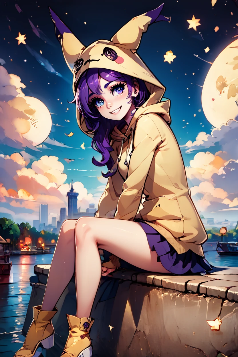 score_9, score_8_up, score_8, medium breasts, (curvy), cute, eyelashes,       BREAK, ,   zzMimikyuHoodie, hood, hood up, cosplay, mimikyu, hoodie,  long hair, purple hair, 1girl,  <lora:MimikyuHoodie_PDXL:0.8>,  , BREAK, zzEiffelTower in background, sitting, watercraft, boat, sitting on wall, side view, looking at viewer, smile, ,,, BREAK, blooming stars, luminescent petals, otherworldly fragrance blurry background, ,,, embedding:zPDXL, Expressiveh, ,,, <lora:EiffelTowerPDXL:1.0>, <lora:CatalystStylePDXL:0.6>, <lora:SDXLFaeTastic2400:0.5>, <lora:Expressive_H-000001:0.4>,