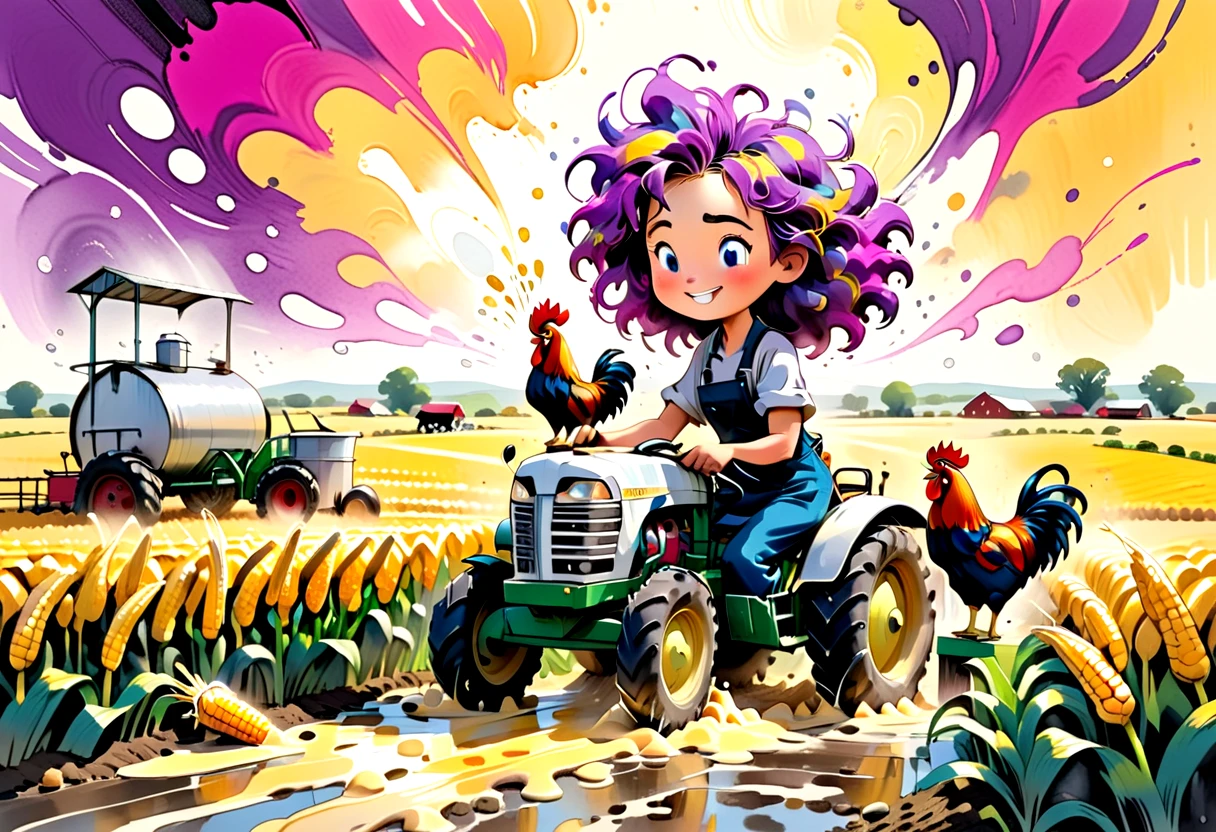 Cheese Maker at the (Milking Station), working near a (Cow Pasture) and interacting with (Rooster) using Tractor, to produce Potatoes while growing (Corn) in a (a lively field filled with bursts of color). This scene focuses on (a tiny character with frizzy hair), evoking a sense of joyful peace and embracing the theme of unexpected warmth. The setting is rendered with a golden hues against magenta color palette, accented by whirling dots of light, lightly textured brush marks and special stylistic elements like splotches of mixed colors, fluid brush movements, splashy and carefree accents. The artwork is created in expressionism style with mediums such as acrylic pouring with pen outlines, digital airbrush with ink effects, charcoal lines with colored smudges.  <lora:artfully_FARMSTORY:1>