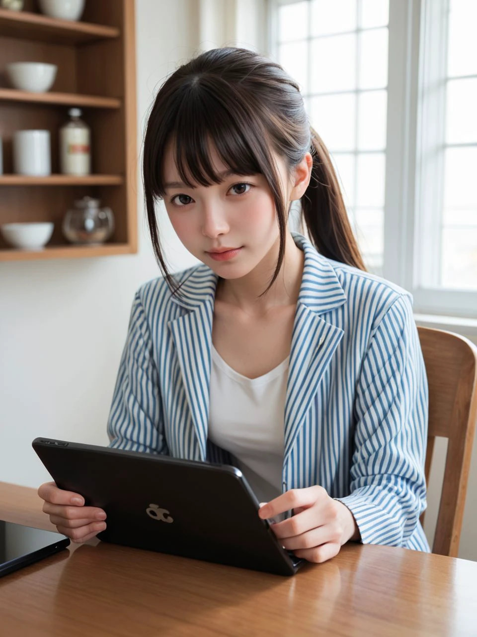 score_9,score_8_up,score_7_up,
best quality,realistic,photorealistic,face focus,
BREAK
Japanese girl,
round face,
ponytail with bang,
striped jacket,
BREAK
kitchen,chair,table,iPad,