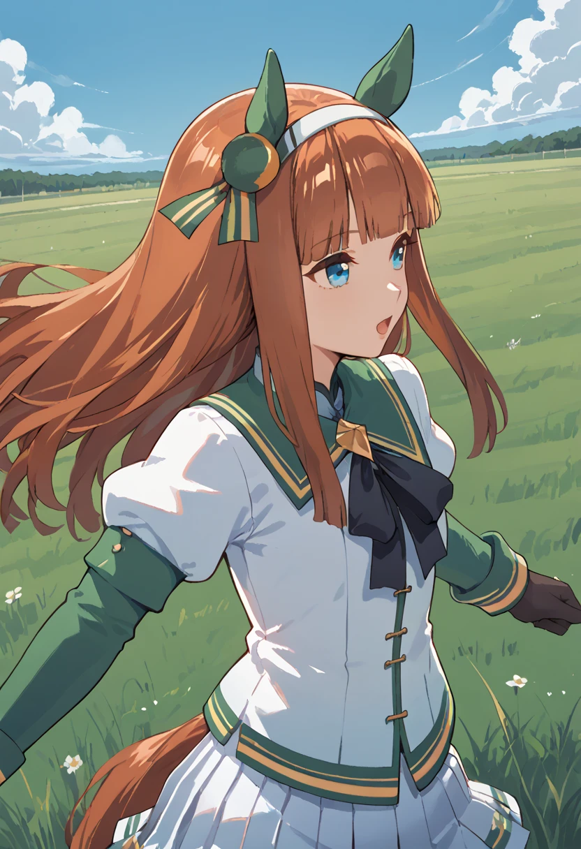 <lora:suzuka_1.9.1:1>,UMASS,horse ears,ear covers,blunt bangs,long hair,orange hair,hair ornament,hairband,blue eyes,horse tail,R4CE,white pleated skirt,grassfield,running,upper body, score_9, score_8_up, score_7_up,source_anime
