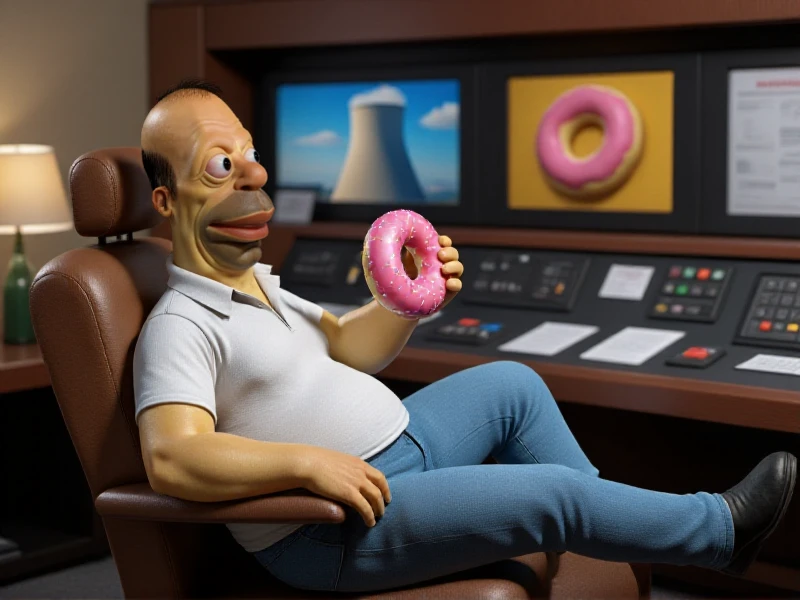 Homer is a man with a white shirt and a jeans. He's leaning back on a chair at the control center of a nuclear powerplant. He is facing the viewer and He is holding a donunts<lora:Homer:0.9>