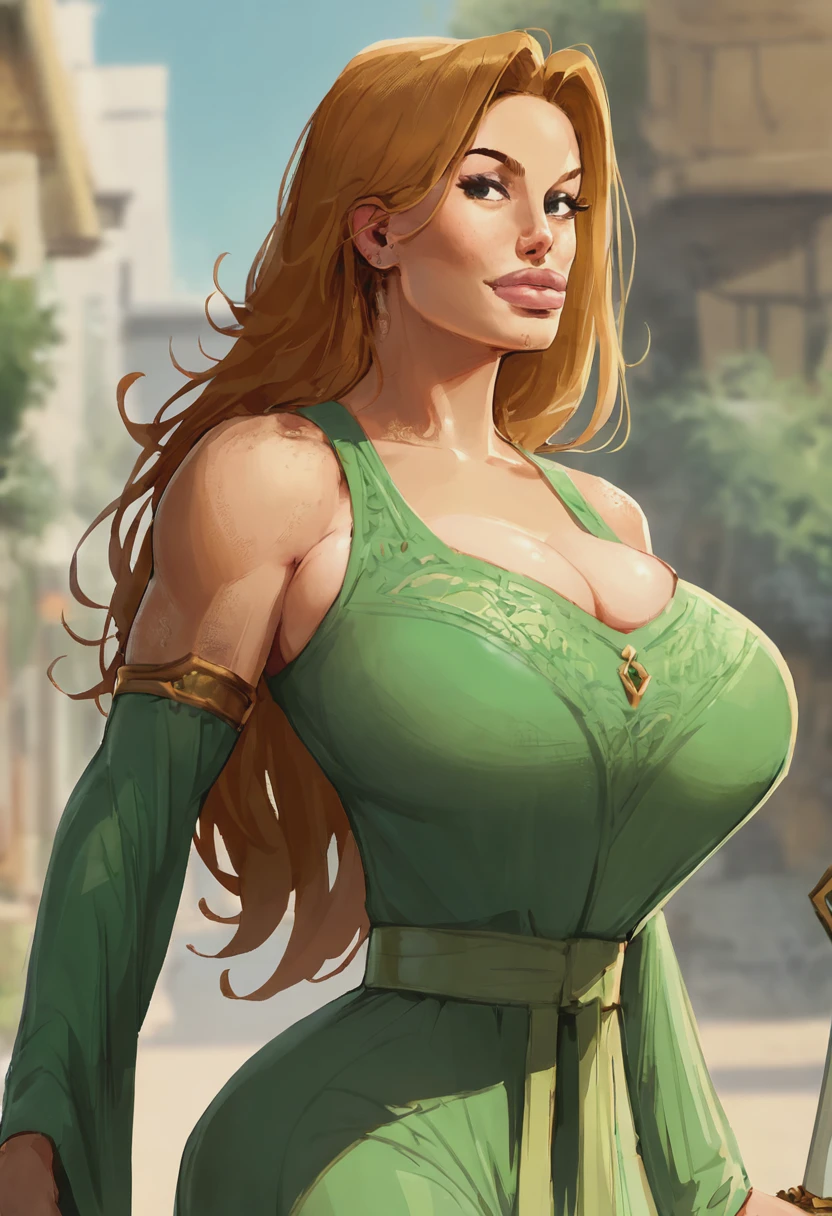 score_9, score_8_up, score_7_up, 1girl, mature_female, large_breasts, portrait, solo, looking_at_viewer, open_eyes, Running with arms pumping at sides, panorama, (Green Fatigues), very long hair, pouf, Golden Brown hair, weapon shop, cowboy_shot, rating_safe, <lora:pony\artist_styles\temogam_pony:1.0>