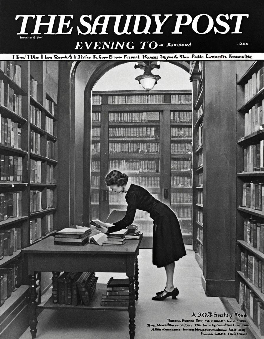 SEP_Post_BW, cover20s, Black Text "The Saturday Evening post", a cover for the saturday evening post featuring books in a library, <lora:Saturday_Evening_Post:1>