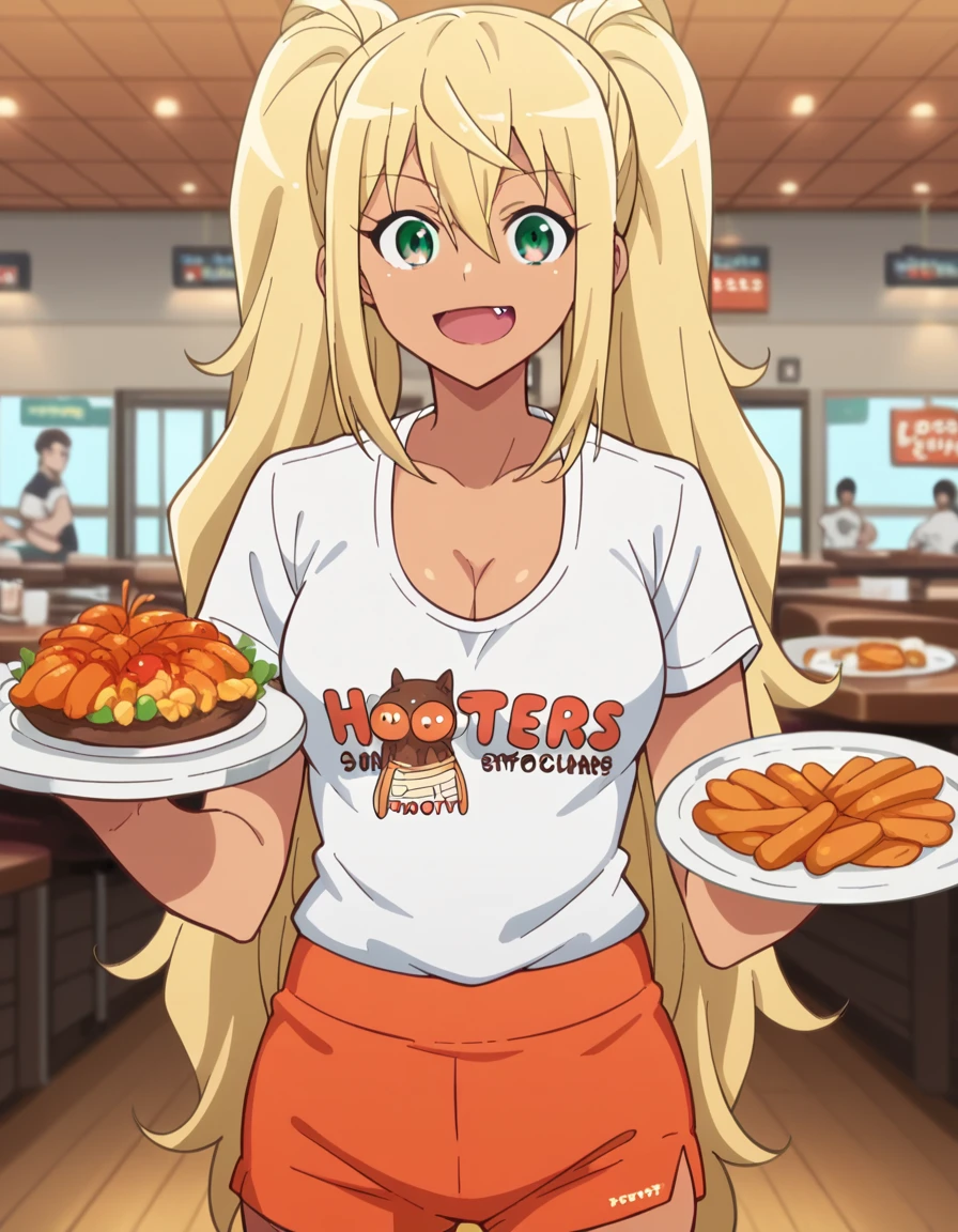 score_9, score_8_up, score_7_up, source_anime, <lora:hibiki-sakura-s1-ponyxl-lora-nochekaiser:1> hibiki sakura, long hair, blonde hair, hair between eyes, twintails, green eyes, fang, dark skin, dark-skinned female, gyaru, mature female, large breasts, <lora:hooters-ponyxl-lora-nochekaiser:1>, hooters, shirt, white shirt, short shorts, clothes writing, brand name imitation, orange shorts, cleavage, restaurant, food, plate, holding plate, smile,, cowboy shot, looking at viewer