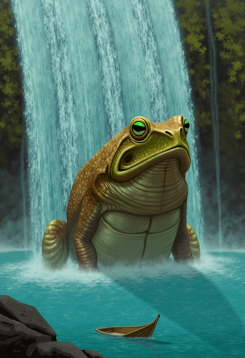 A digital painting made by Toye, This digital painting features a surreal, fantastical scene of a giant toad bathing in a waterfall, there is a small broken boat near its arm