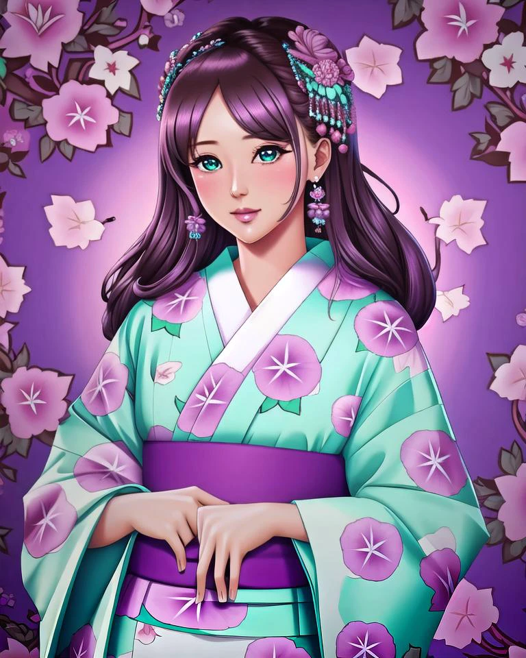 pretty woman, portrait, choco mint, purple swirl, scattered hearts, ruffles, beautiful eyes, floral wallpaper, extremely detailed, masterpiece, 8k, highest quality, trending on artstation, asagao