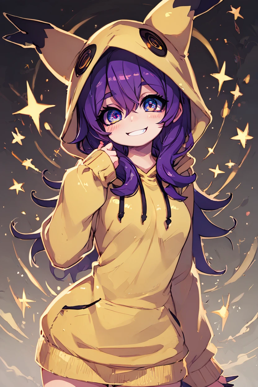 score_9, score_8_up, score_8, medium breasts, (curvy), cute, eyelashes,       BREAK, ,   zzMimikyuHoodie, hood, hood up, cosplay, mimikyu, hoodie,  long hair, purple hair, 1girl,  <lora:MimikyuHoodie_PDXL:0.7>,  , BREAK, smile, looking at viewer, cowboy shot, ,,, embedding:zPDXL, Expressiveh, ,,, <lora:Zankuro_Style_PDXL:0.8> <lora:SDXLFaeTastic2400:0.5>, <lora:Expressive_H-000001:0.4>,