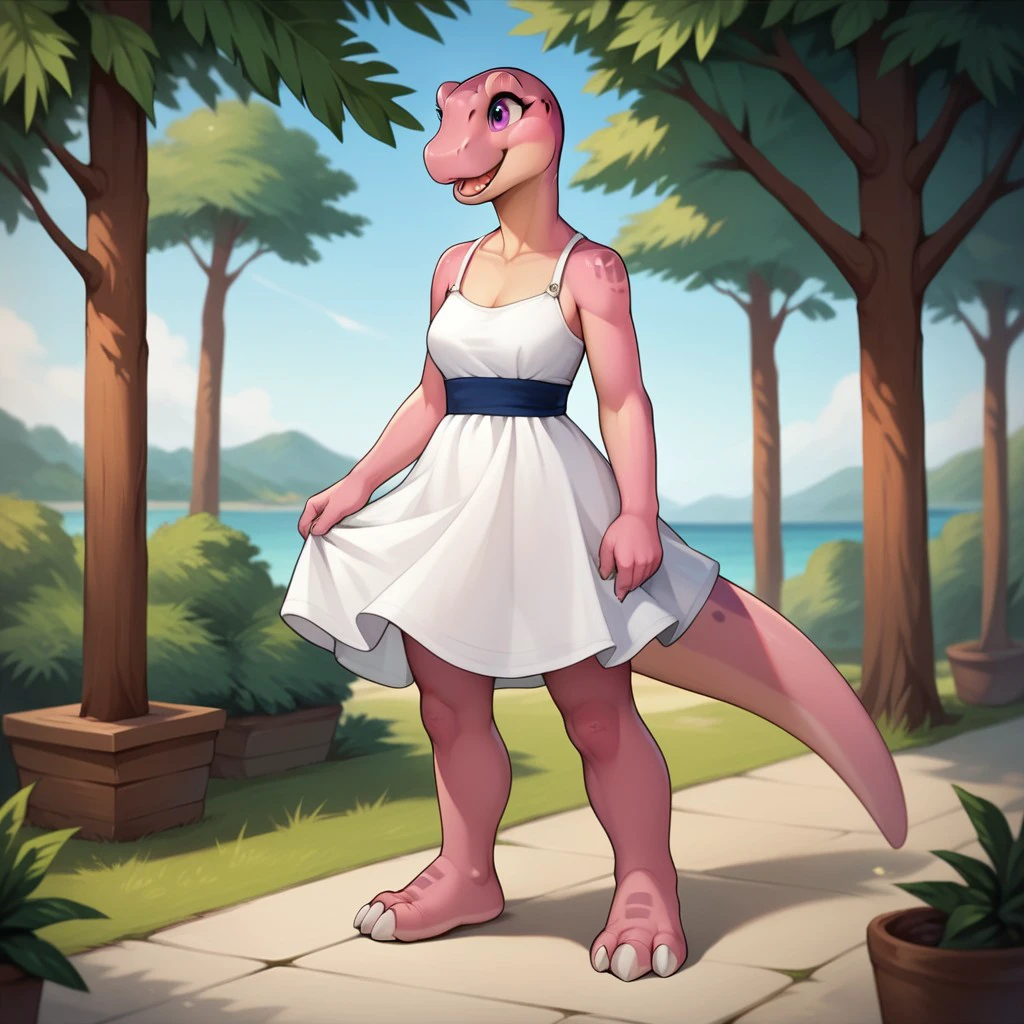 score_9, score_8_up, score_7_up, score_6_up, score_5_up, score_4_up, source_furry, littlefootlbtv2, anthro, female, Apatosaurus, scalie, dinosaur, sauropod, pink skin, purple eyes, sundress, outside, happy, solo, 1girl, <lora:d52f8b35-28c4-4ade-b09c-1f0eba5562f2:0.7>