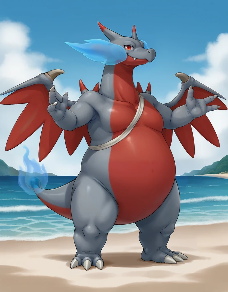 (((detailed eyes, detailed face))), (feral, player2 megacharizardx <lora:character_charizard_pokken_megax_pindigoxl_v1:0.9>, grey skin, red belly, red wings, red horns, (red shoulder horns, grey wing horns, bandages, sash), red eyes, flame-tipped tail, blue flame, white claws), male, (solo), (plump, fat, chubby, overweight), (nude) BREAK standing, smile, (front view), (konzaburou, ukan_muri), beach, (flat shading, flat color, high brightness), 8k, UHD, masterpiece, (full body)