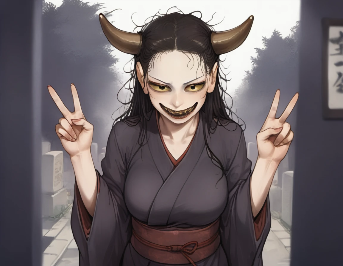 score_9, score_8_up, score_7_up, source_real,realistic, photorealistic, BREAK 
<lora:BDpony_Hannya_V1-8580:1>Hannya, horror (theme), solo, looking at viewer, 1 girl, horns, Very long hair, Messy hair, Choppy hair, kimono, Depth of field, Dim lights, Darkness,  V sign:1.4,  <lora:BDpony_JapaneseCemetry_V1-6076:0.8>JapaneseCemetry