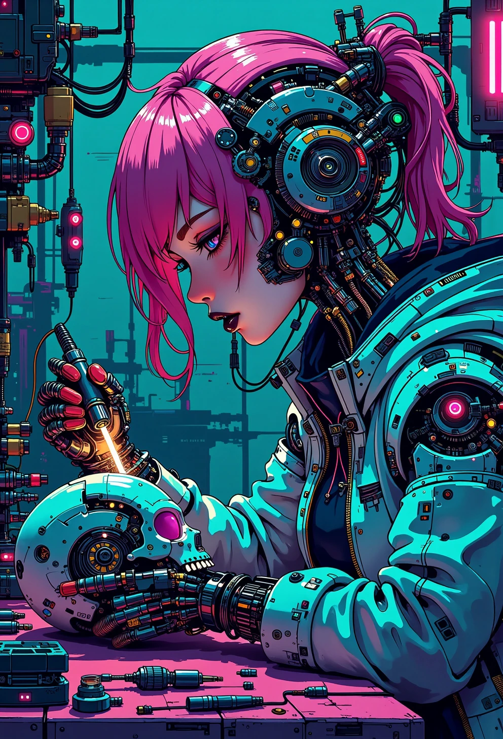 <lora:ck-nc-pastel-cyberpunk:1>, A digital artwork in the style of cknc, A half-body shot of a beautiful cyborg girl in her futuristic workshop. She has neon pink hair cascading down her shoulders, contrasting sharply with her black lipstick. The top of her face, from under the nose to the forehead, is removed like a mask, revealing a detailed mechanical skull underneath. With intense focus, she uses a glowing soldering iron to carefully repair the cracks on a detached skull, which rests in her other hand. Her exposed robotic eye glows a brilliant blue, illuminating the intricate cybernetic components beneath the skull. The workshop is cluttered with futuristic tools, wires, and neon-lit gadgets, all bathed in vibrant cyberpunk hue, electric pinks, deep blues, and fluorescent greens. The neon light reflects off her sleek metallic parts, casting dynamic shadows, while the scene radiates a blend of gritty industrial and high-tech futurism. The art style is highly detailed, in the vein of futurist anime, capturing the beauty of the cyborg girl and the mechanical complexity of her exposed skull.