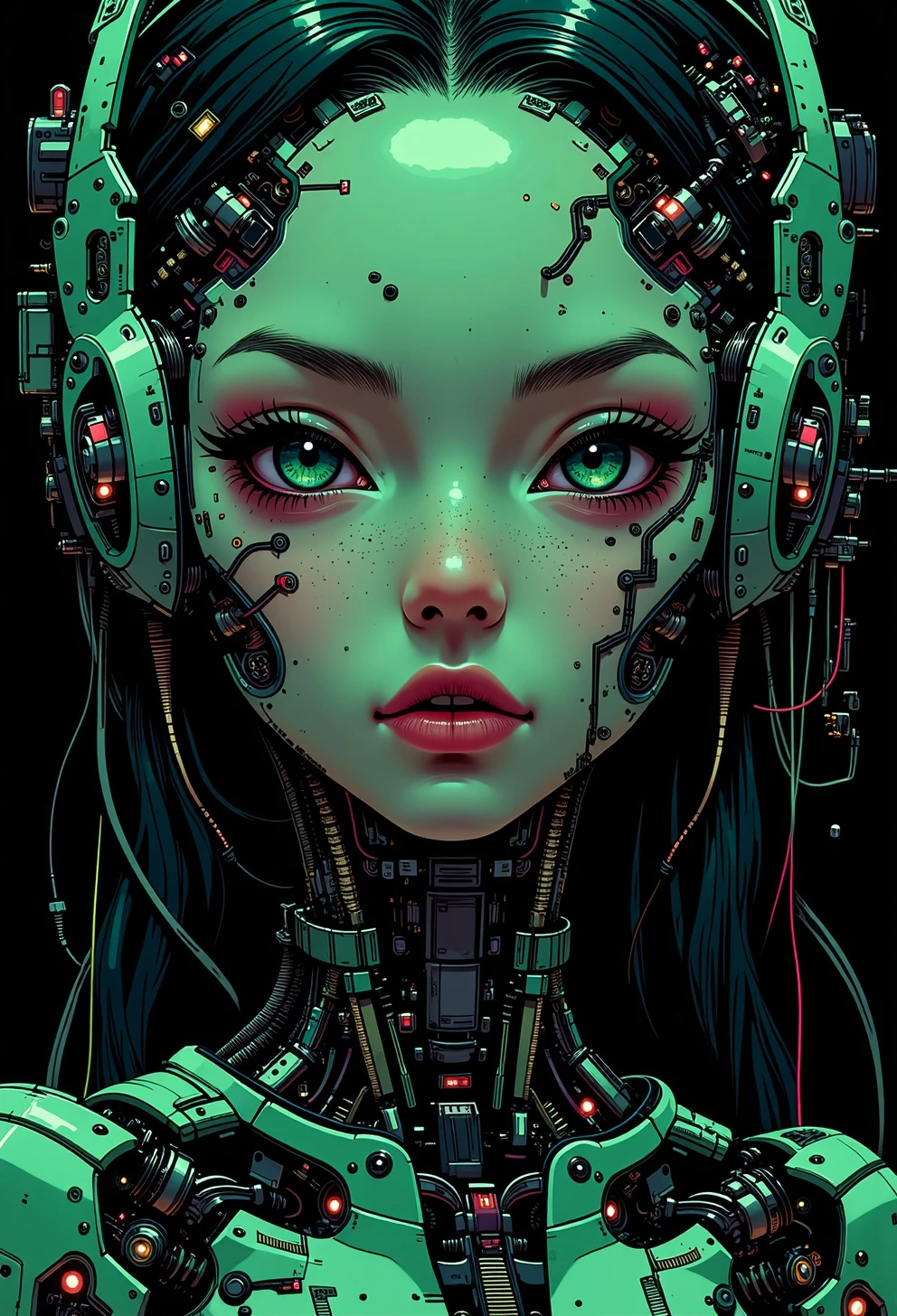 Beautiful girl with long black hair with bangs round face big blue eyes with long eyelashes small breasts small big waist hard and firm hips small tail wide tail big tail, cibernetica futurista circuito integrados androide ciberpank, cables cadenas luces de neon encerrada en un laboratorio