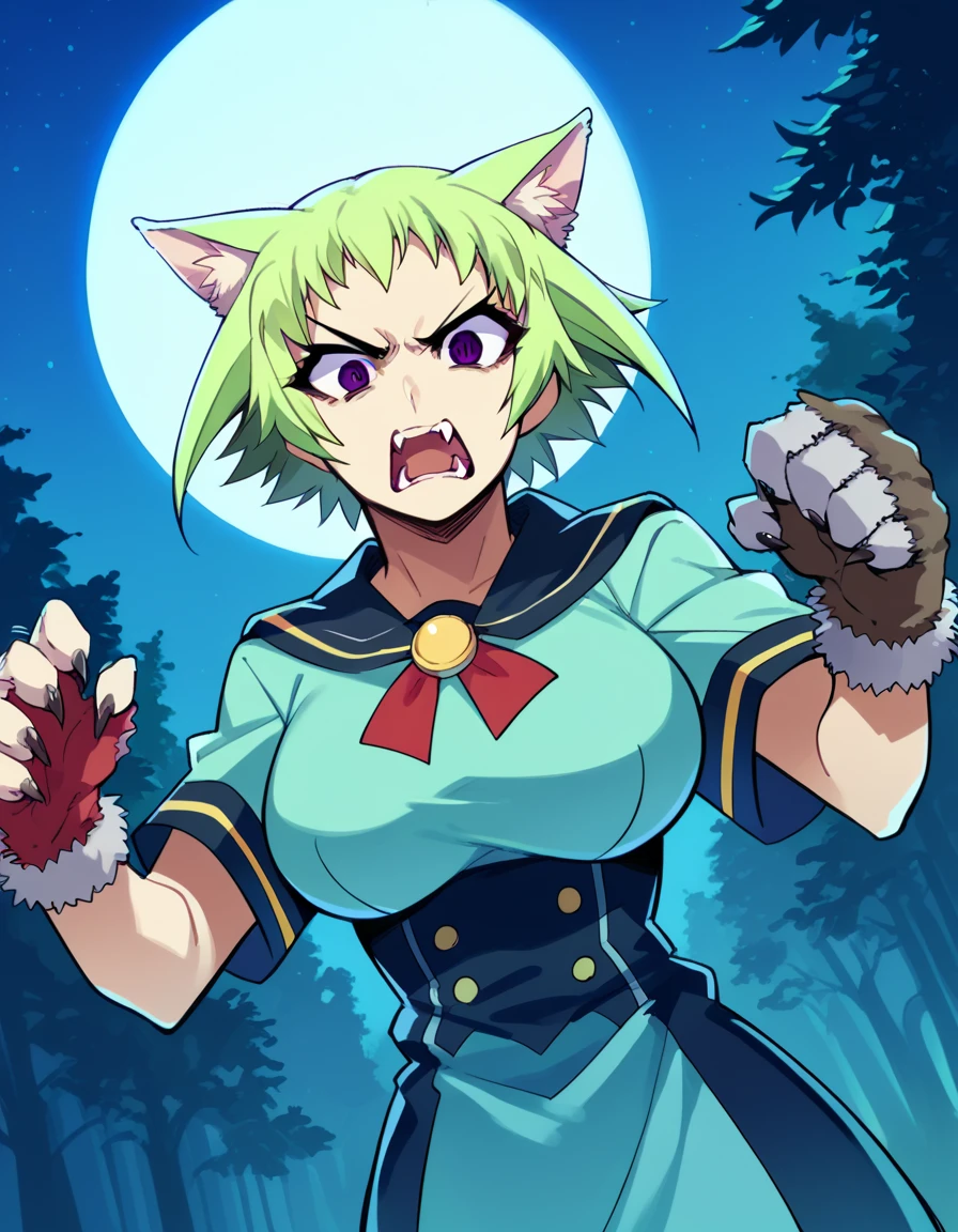 score_9, score_8_up, score_7_up, source_anime, <lora:neko-nabeshima-s2-ponyxl-lora-nochekaiser:1>, neko nabeshima, short hair, large breasts, purple eyes, green hair,, <lora:werewolf-ponyxl-lora-nochekaiser:1>, werewolf, furry, fangs, animal ears, gloves, angry, teeth, animal ear fluff,, forest, night, moon, open mouth, , dutch angle, cowboy shot