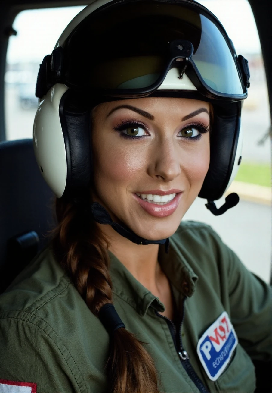 A professional photograph of a young woman, Alice_Goodwin, working as a helicopter pilot, wearing a helmet and a military flight suit, bokeh, SFW<lora:Alice_Goodwin:1>