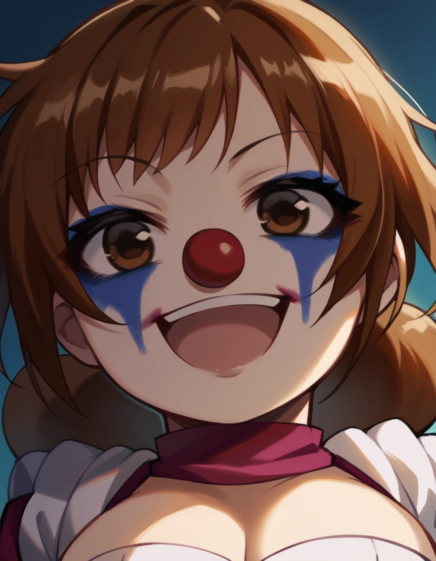 score_9, score_8_up, score_7_up, source_anime, <lora:itami-koga-s2-ponyxl-lora-nochekaiser:1>, itami koga, short hair, large breasts, brown hair, brown eyes,, <lora:clown-ponyxl-lora-nochekaiser:1>, clown, makeup, clown nose, facepaint, gloves, long sleeves, frills, dress,, smile, open mouth, smug, , dutch angle, cowboy shot