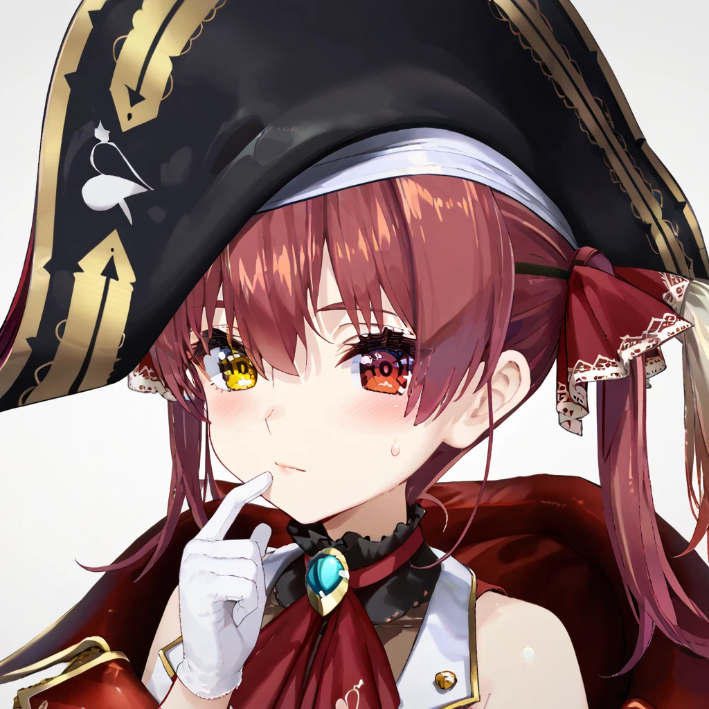 score_9,score_8_up,score_7_up,source_anime,high res image,shiny hair,ultra detailed eyes,houshou_marine,marine_nml,1girl,red hair,twintails,hat,pirate hat,solo,heterochromia,gloves,yellow eyes,red eyes,white gloves,white background,looking at viewer,blush,red ribbon,bicorne,sweatdrop,ribbon,portrait,<lora:Houshou_Marine_å®éããªã³_hololive_Vtube-000007:0.8>,