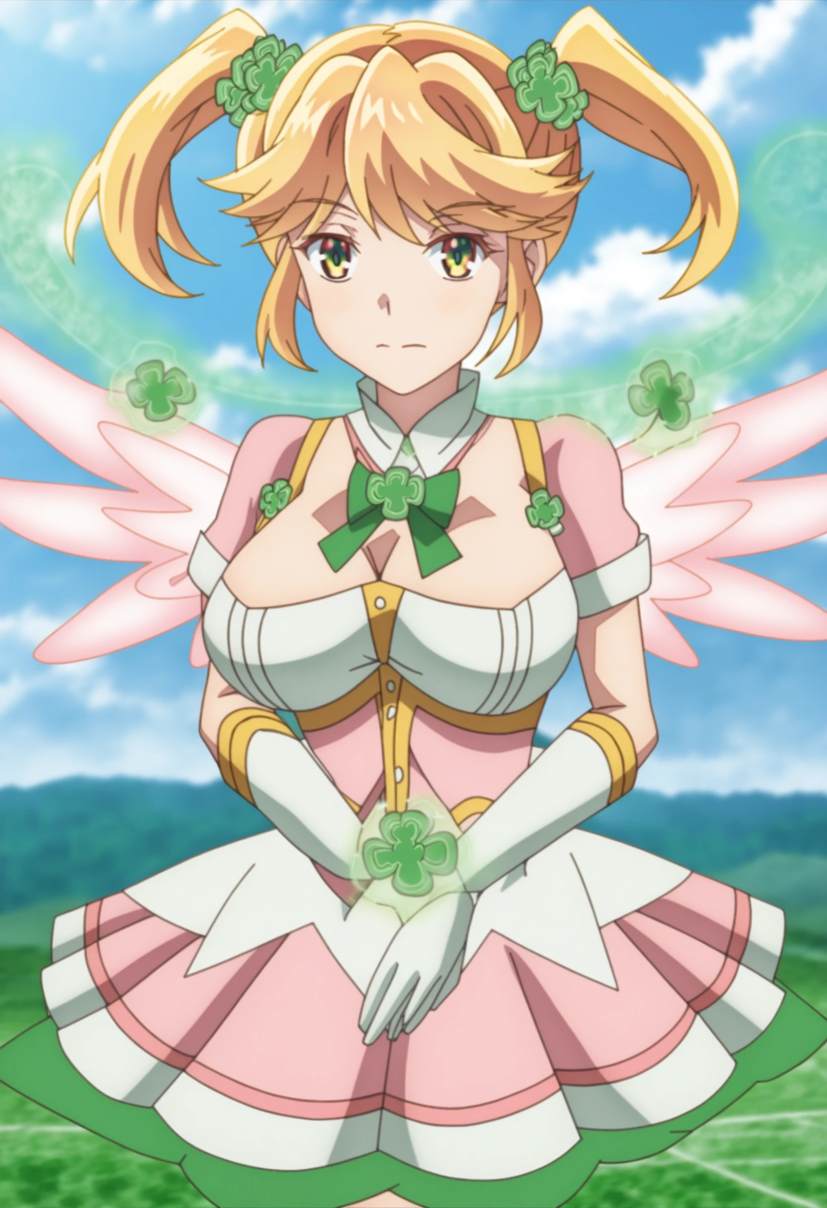 <lora:Tarte - [The Worlds Finest Assassin] - Pony v1:1>, sysdeep_tarte, solo, breasts, short hair, large breasts, closed mouth,twintails, clover hair ornament, flying, cast magic, magic, magical girl, pink dress