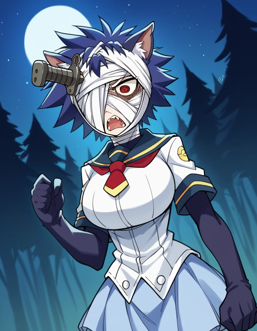 score_9, score_8_up, score_7_up, source_anime, <lora:youka-naze-s2-ponyxl-lora-nochekaiser:1>, youka naze, short hair, large breasts, red eyes, blue hair, bandages, bandage over one eye, <lora:werewolf-ponyxl-lora-nochekaiser:1>, werewolf, furry, fangs, animal ears, gloves, angry, teeth, animal ear fluff,, forest, night, moon, open mouth, , dutch angle, cowboy shot