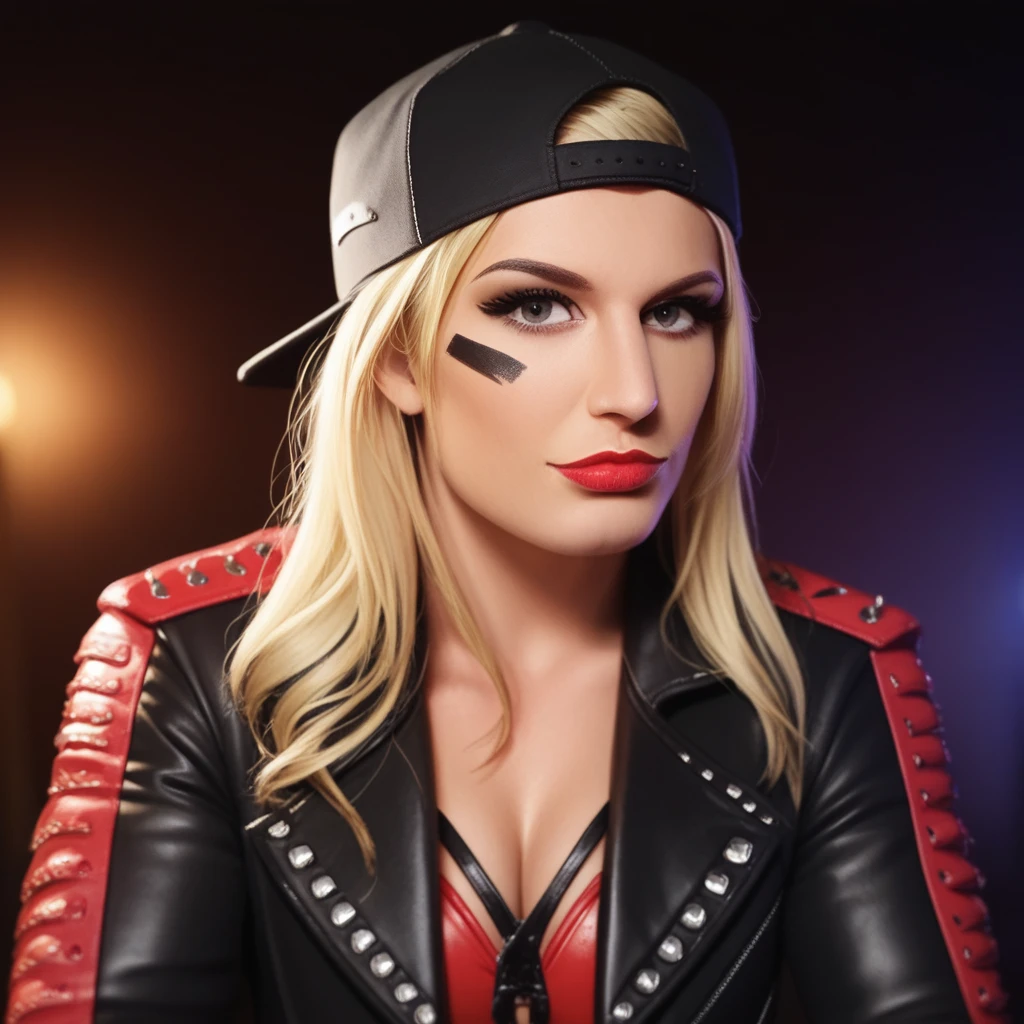 backlighting, depth of field, masterpiece, best quality,  score_9, score_8_up,  BREAK <lora:Pony_Toni_Storm:1>, t0nist0rm, 1girl, solo, blonde hair, hat, leather,  long hair, backwards hat, red wrestling outfit, wrestling outfit, jacket, leather jacket, red lips, upper body, looking at viewer, face paint