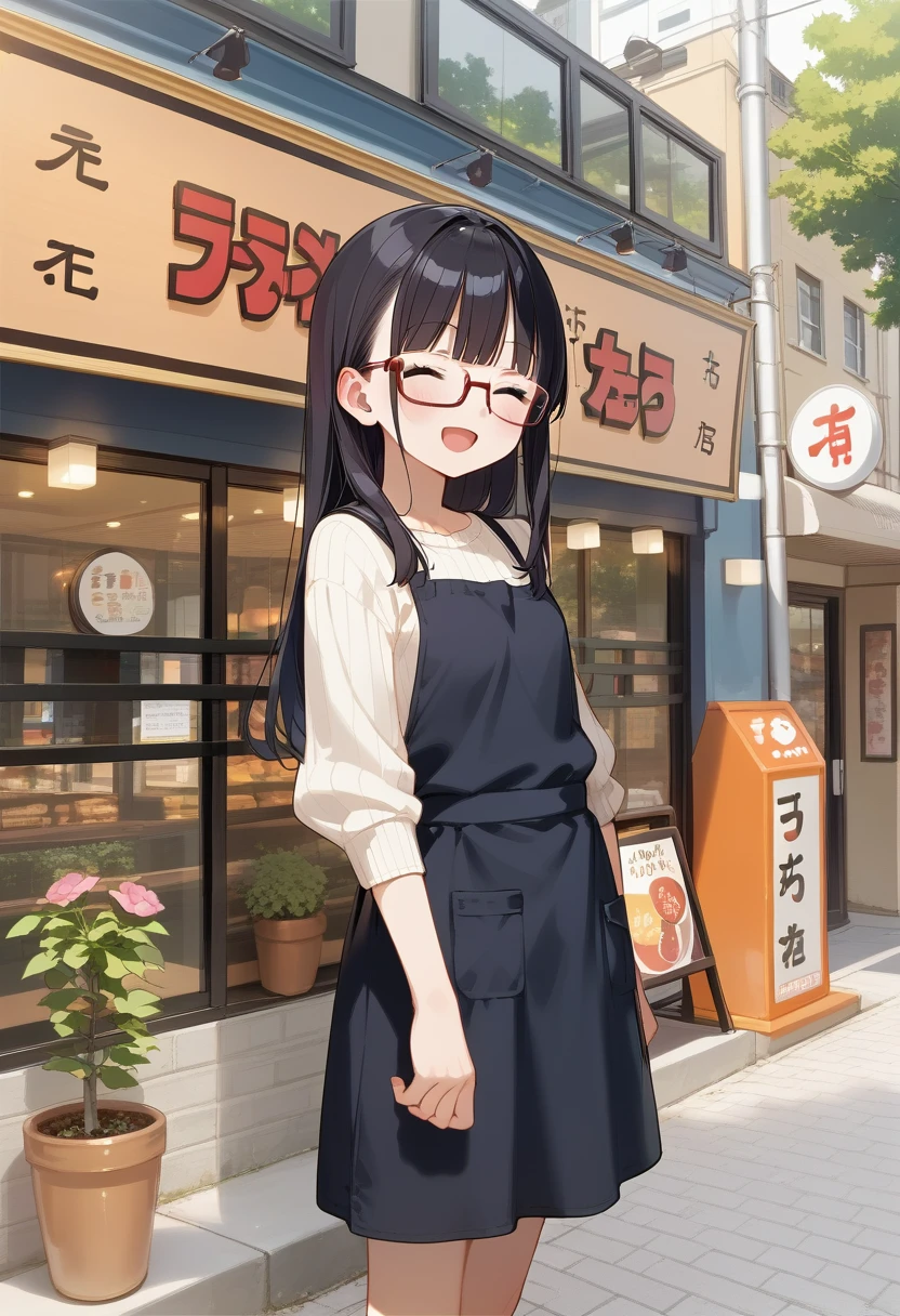 score_9, score_8_up, score_7_up, rating_safe, masterpiece, best quality, absurdres, unity 8k wallpaper, official art, official style, source_anime, uncensored, game cg, megami magazine,
1girl, solo, glasses, black hair, long hair, white ribbed sweater, black apron,  happy, smile, looking at viewer, closed eyes, open mouth, solo focus, 
ramentarou, storefront,  plant, sign, outdoors, potted plant, road, street, building, shop, tree, city, window, flower pot
 <lora:ramen_taro_pony_V1:0.8>