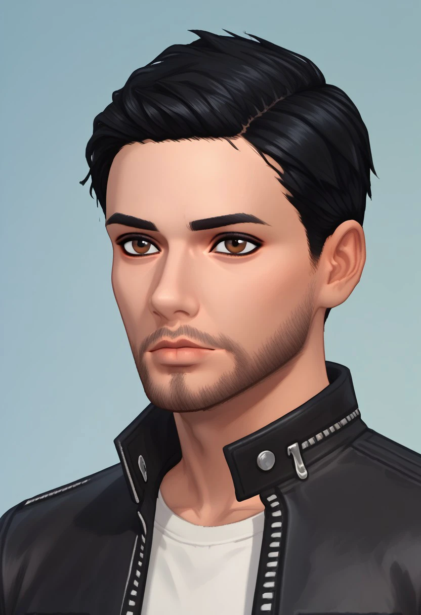 Damian OC, Black Hair, Facial hair, eyeliner, Male, brown eyes, Leather Jacket, solo, Portrait, white shirt,