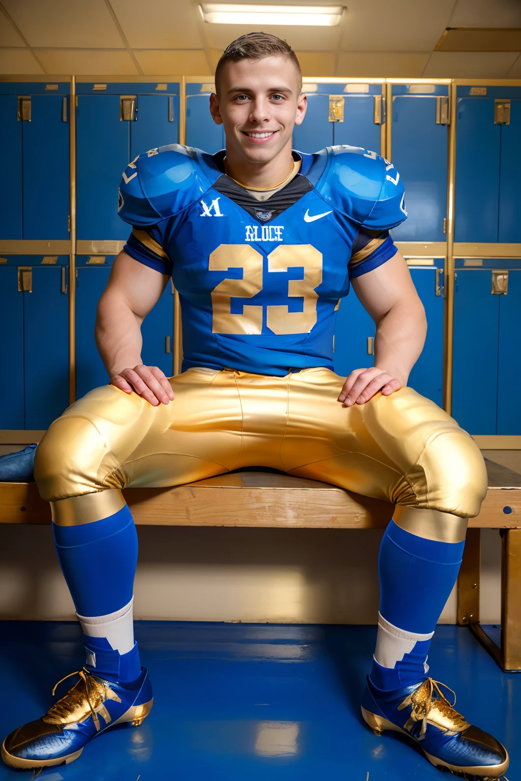 locker room, sitting on a bench, in front of lockers, slightly smiling, DanteMartin is an (American football player), wearing (football uniform:1.3), (blue jersey:1.3), blue (shoulder pads), jersey number 23, (pale gold football pants:1.4), (blue socks:1.3), long socks, (black sneakers:1.3), (((full body portrait))), wide angle   <lora:DanteMartin:0.8>