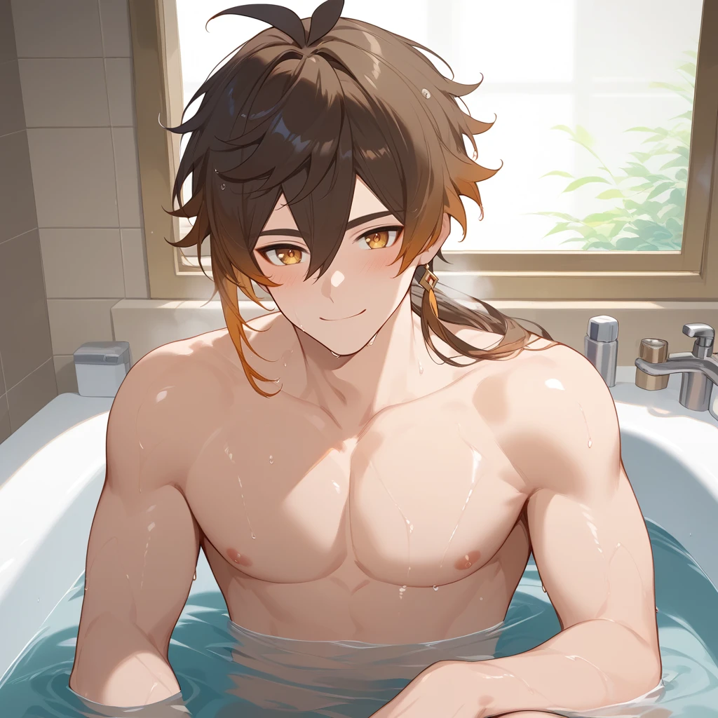 anime young man with blue-black hair naked in bathtub with foam