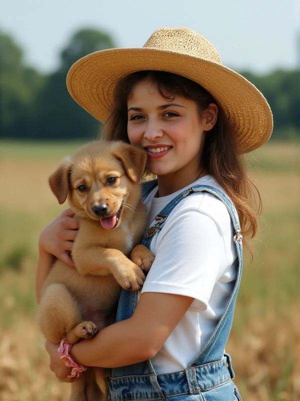 Raffaela_Anderson. She wears a tshirt and overalls and a strawhat at the farm. She is posing holding a cute puppy<lora:Raffaela_Anderson:0.9>