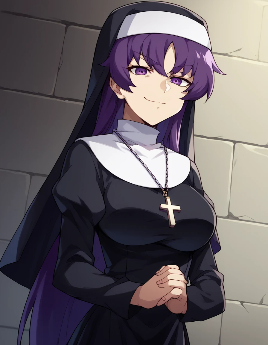 score_9, score_8_up, score_7_up, source_anime, <lora:minene-uryuu-s1-ponyxl-lora-nochekaiser:1>, minene uryuu, long hair, purple eyes, purple hair, large breasts,, <lora:traditional-nun-ponyxl-lora-nochekaiser:1>, traditional nun, nun, habit, long sleeves, dress, black dress, jewelry, black veil, cross, cross necklace,, church, smug, praying,, , dutch angle, cowboy shot