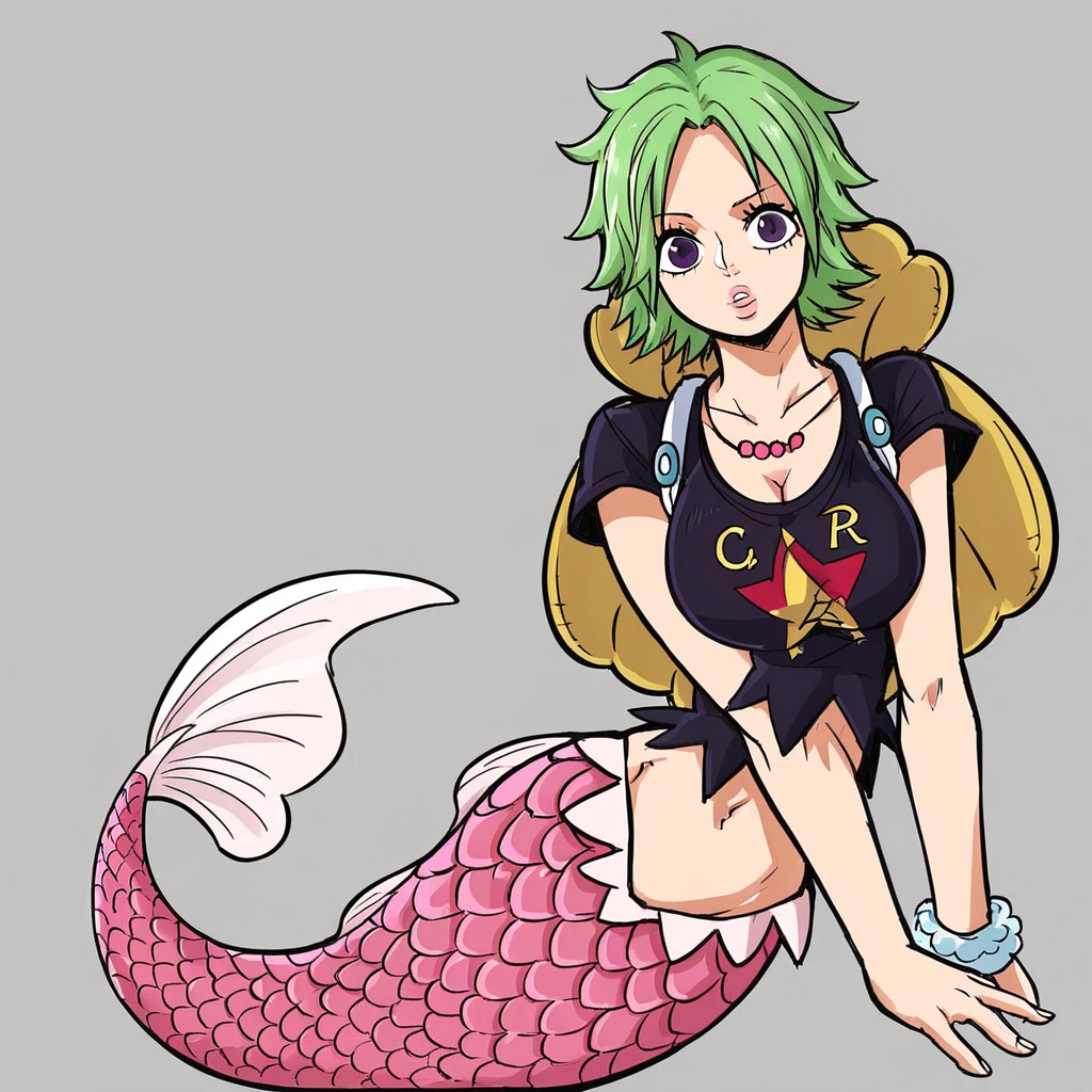 CamieOP, 1girl, solo, monster girl, mermaid, green hair, dark purple eyes, lips, short hair, large breast, jewelry, necklace, cleavage, navel, midriff, groin, shirt, crop top, scales, bracelet, print shirt, backpack, star (symbol),