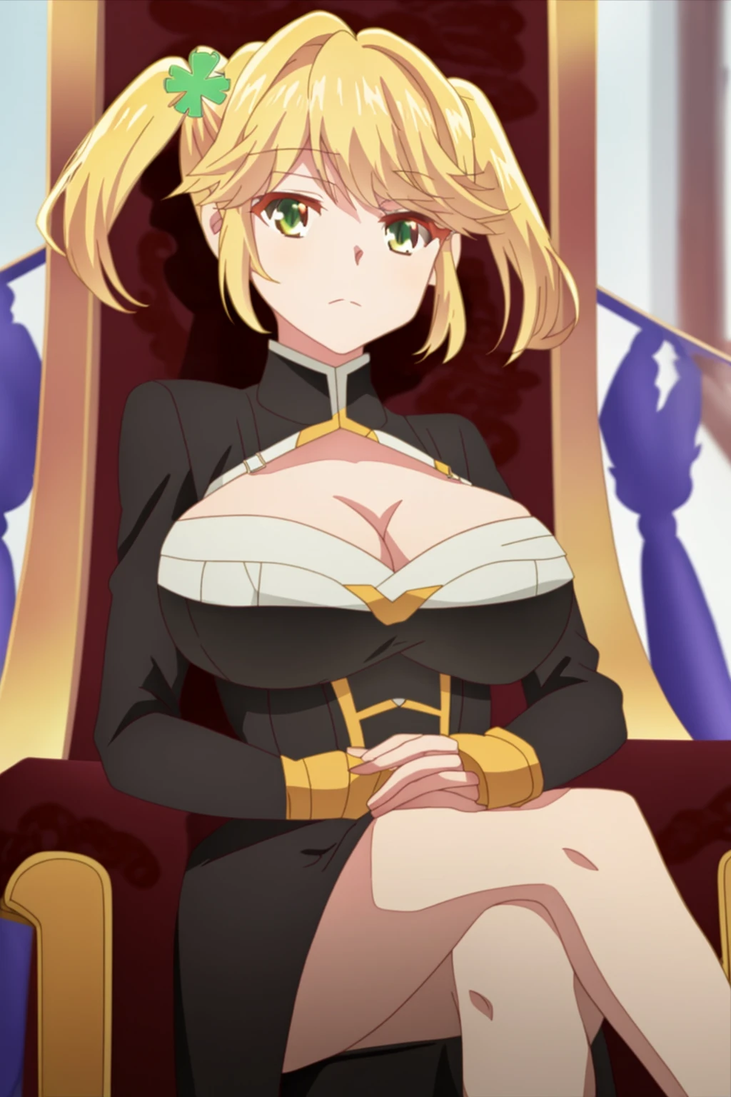 <lora:Tarte - [The Worlds Finest Assassin] - SD 1.5 v1:1>, sysdeep_tarte, solo, breasts, short hair, large breasts, closed mouth,twintails, clover hair ornament, sitting, throne, indoors, crossed legs, black dress, latex dress, head rest, cleavage