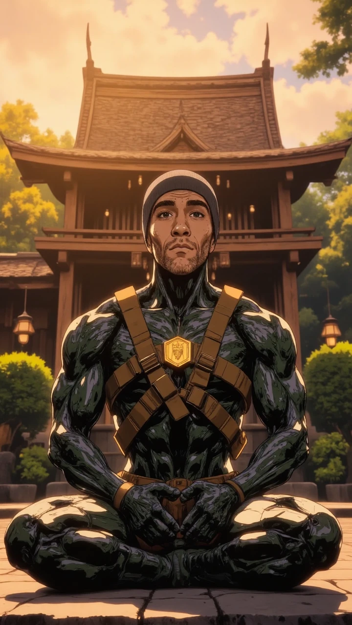 (jboogx), A full body portrait shot of a cyborg with a human face wearing a knitted beanie looking directly into the camera, sitting in a lotus posistion in the middle of a buddhist temple garden. The golden hour sky intensifies the inspiring mood, and his eyes are filled with a sense of calm. His robotic body glistens under the sun light. (epic dark fantasy style, retro anime style). ne0nfant4sy