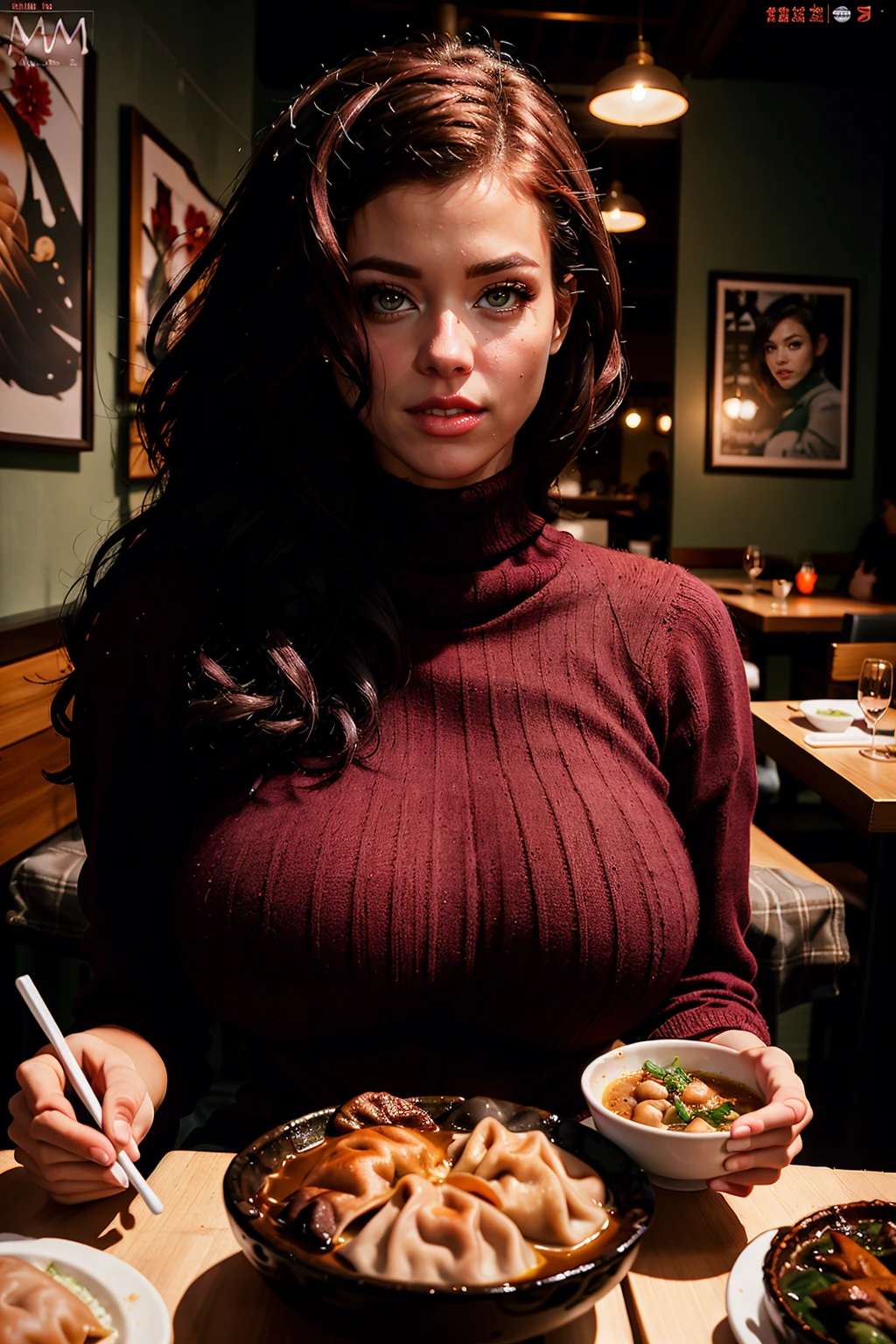 masterpiece, high resolution, cinematic, absurdres, photorealistic, realistic. portrait, peta, peta jensen, <lora:peta_jensen_LoRA_0.1-000004:1>, sexy look, flirting, looking at viewer, wavy long dark red hair hair, wearing a pink turtleneck jumper, large breasts, <lora:brmphFT15_p0-step00021000a:0.9>, brmph, at a dumpling restaurant in hong kong, dinner with Peta