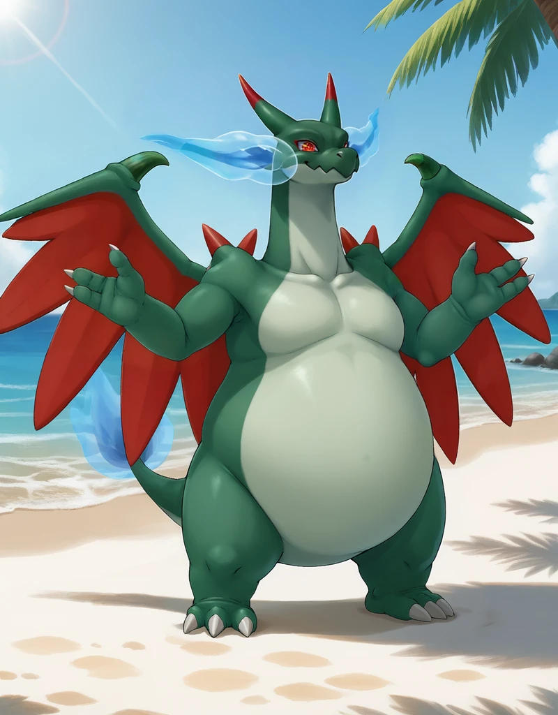 (((detailed eyes, detailed face))), (feral, shiny megacharizardx <lora:character_charizard_pokken_megax_pindigoxl_v1:0.9>, green skin, light green belly, red wings, red horns, (red shoulder horns, green wing horns:1.8), red eyes, flame-tipped tail, blue flame, white claws), male, (solo), (plump, fat, chubby, overweight), (nude) BREAK standing, smile, (front view), (konzaburou, ukan_muri), beach, (flat shading, flat color, high brightness), 8k, UHD, masterpiece, (full body)