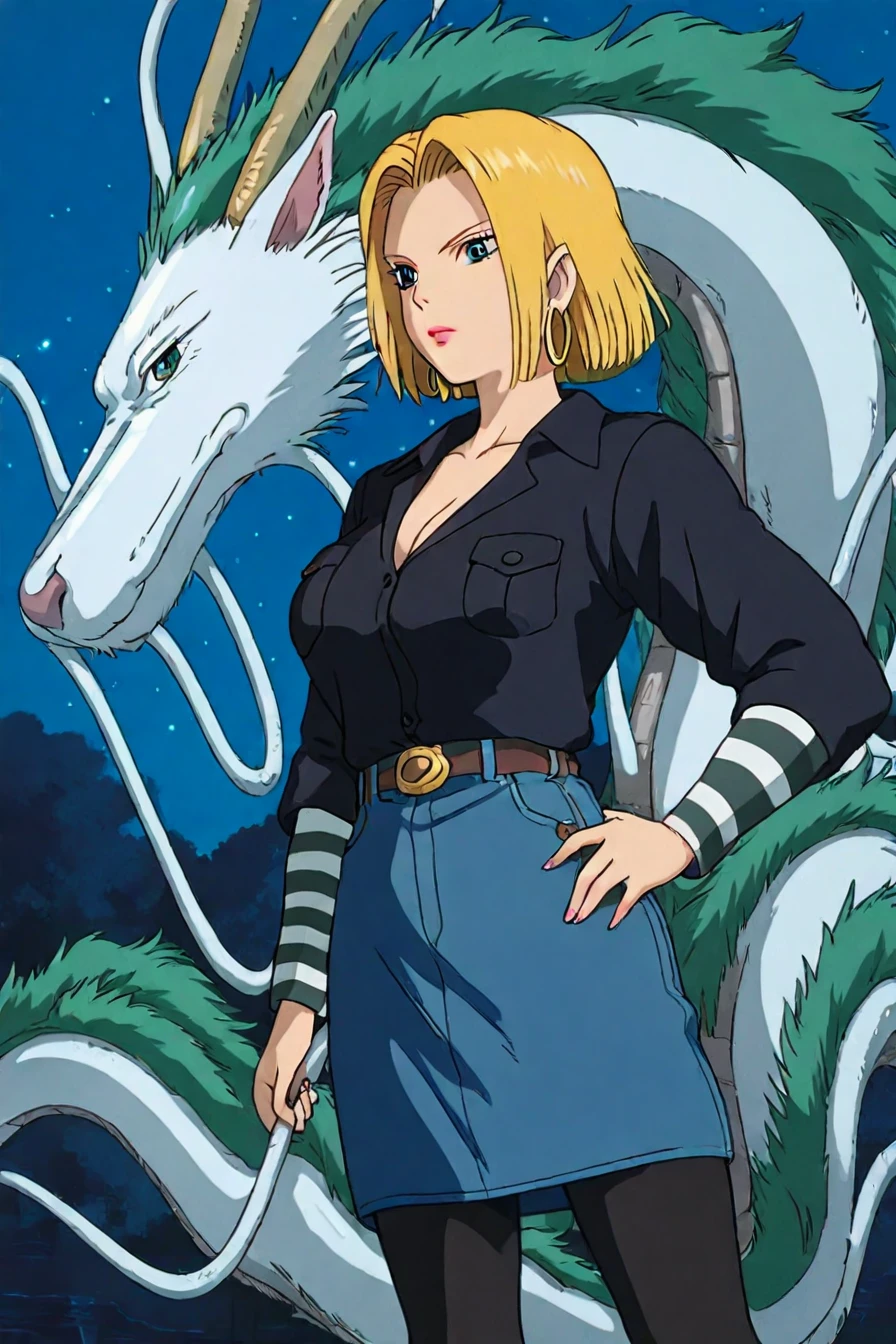 score_9, score_8_up, score_7_up, score_6_up, score_5_up, score_4_up, <lora:ghibli_style_illustriousXL:1>, android_18, blonde hair, blue eyes, eyelashes, hoop earrings, short hair, earrings,belt, black legwear, black shirt, breast pocket, cleavage, collarbone, denim, denim skirt, high-waist skirt, jewelry, long sleeves, pocket, shirt, shirt tucked in, skirt, striped, striped sleeves, waistcoat, ghibli_style, solo, alone, eastern dragon, masterpiece, highres, night,  sky,  starry_sky