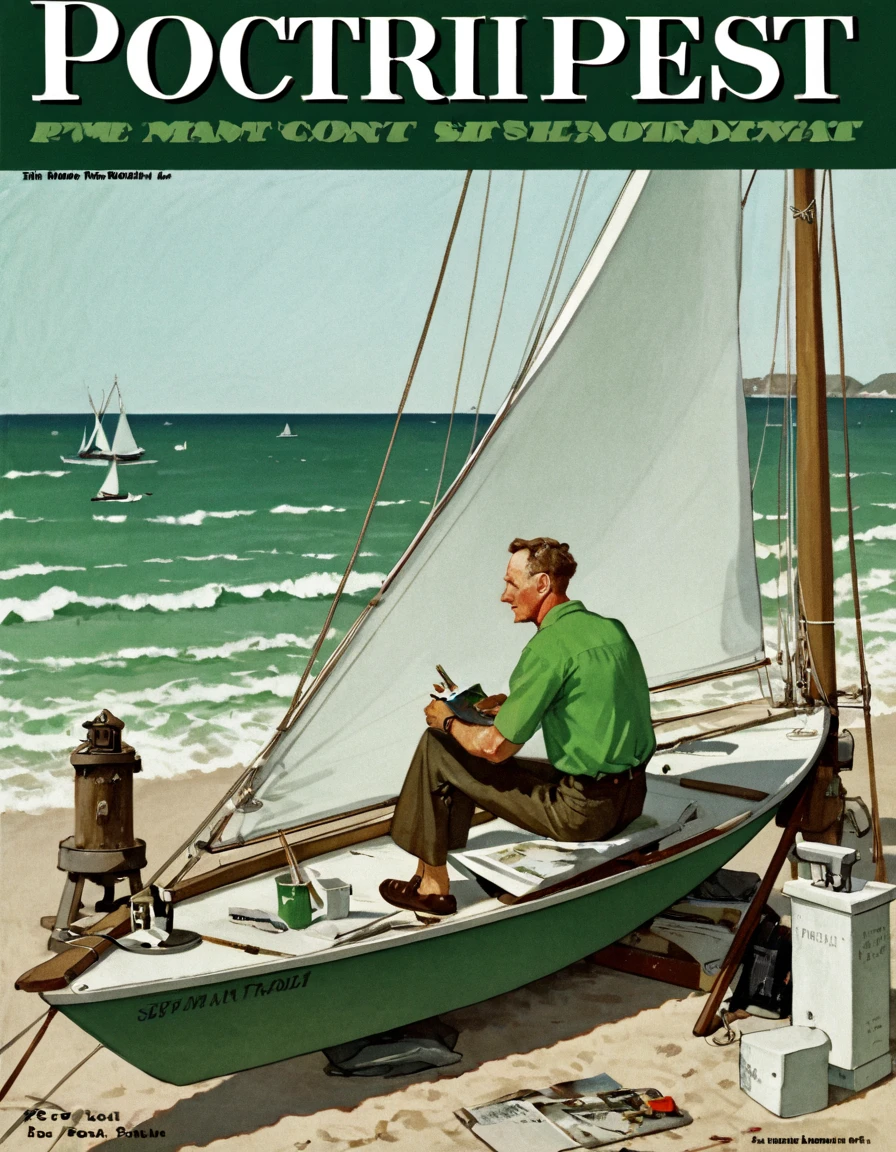 SEP_Post, cover20s, green cover, white post text, a man on a sailboat painting the seaside, Norman Rockwell, <lora:Saturday_Evening_Post:1>